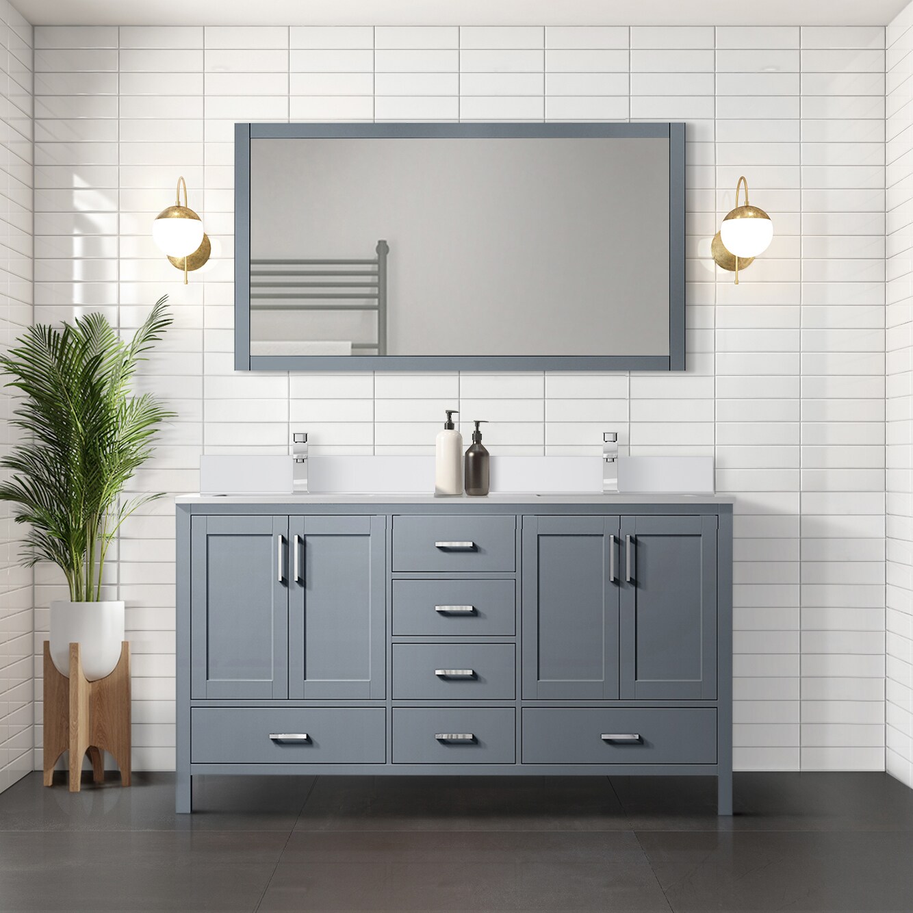 Lexora LVJ60DB310 Jacques 60-in Dark Grey Undermount Double Sink Bathroom Vanity with White Cultured Marble Top (Mirror Included)
