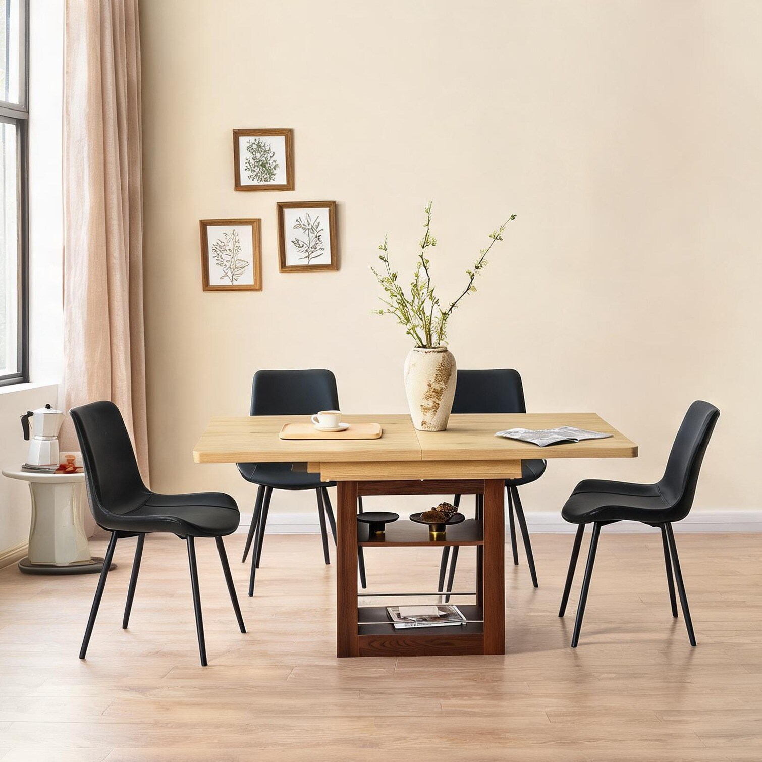 chillscreamni 4-Person Expandable Dining Set with Sleek Black PU Chairs ...