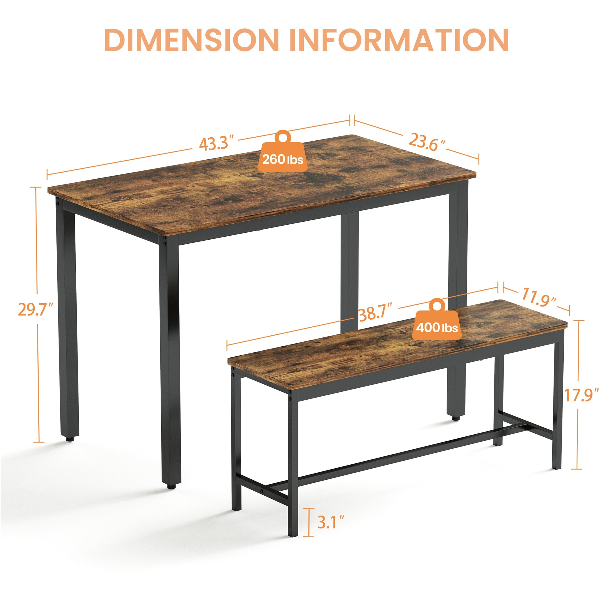 Rustic Brown and Black 3-Piece Dining Table Set with Benches