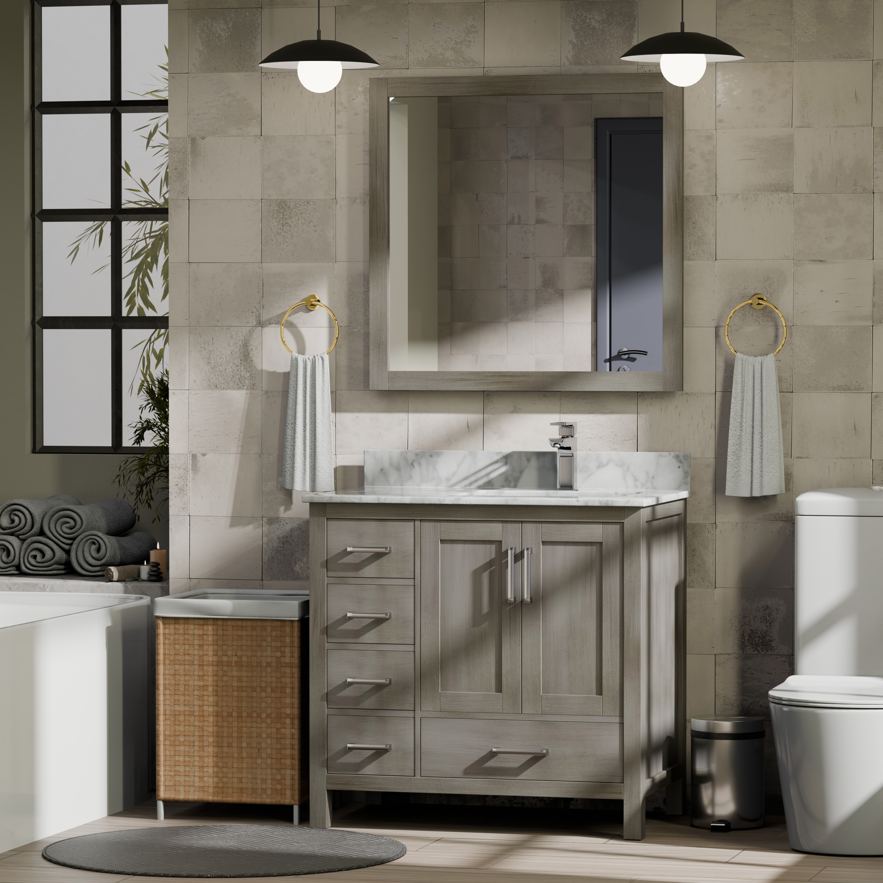 Lexora LJ342236SDDSM34FR Jacques 36-in Distressed Grey Undermount Single Sink Bathroom Vanity with White Carrara Marble Marble Top (Mirror Included) (Faucet Included)