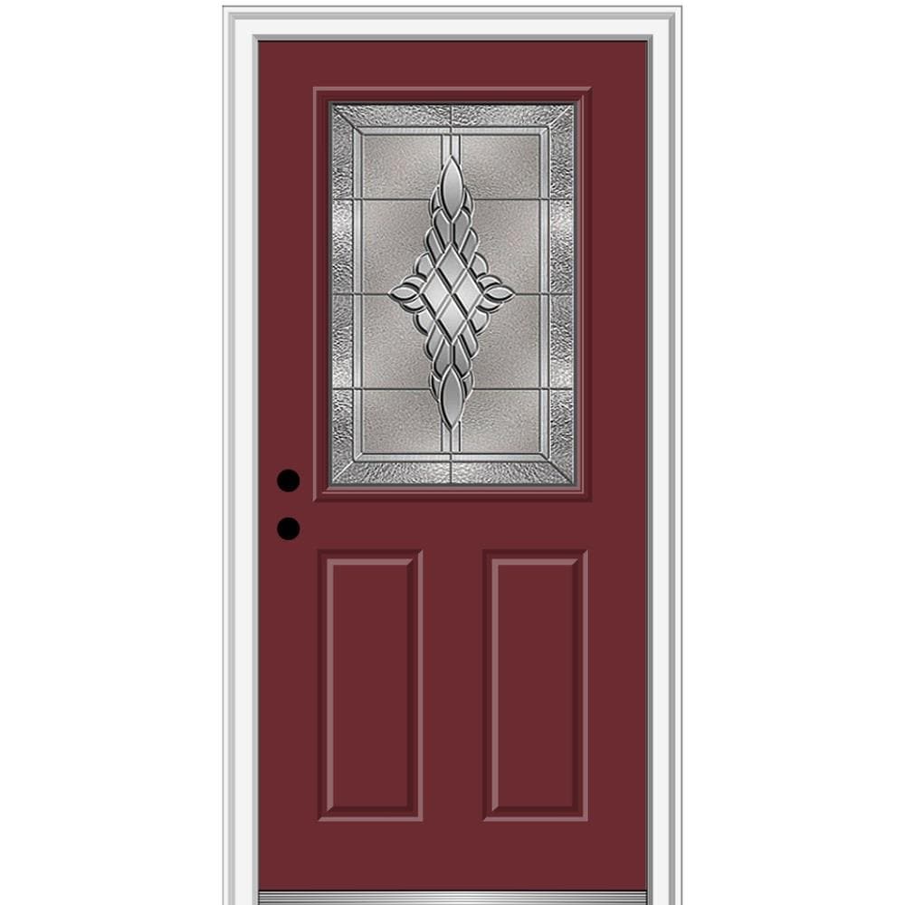 MMI DOOR ZZ3667583R 36-in x 80-in x 6-9/16-in Fiberglass Half lite Right-hand inswing Burgundy Painted Prehung Front Door with Brickmould Insulating core