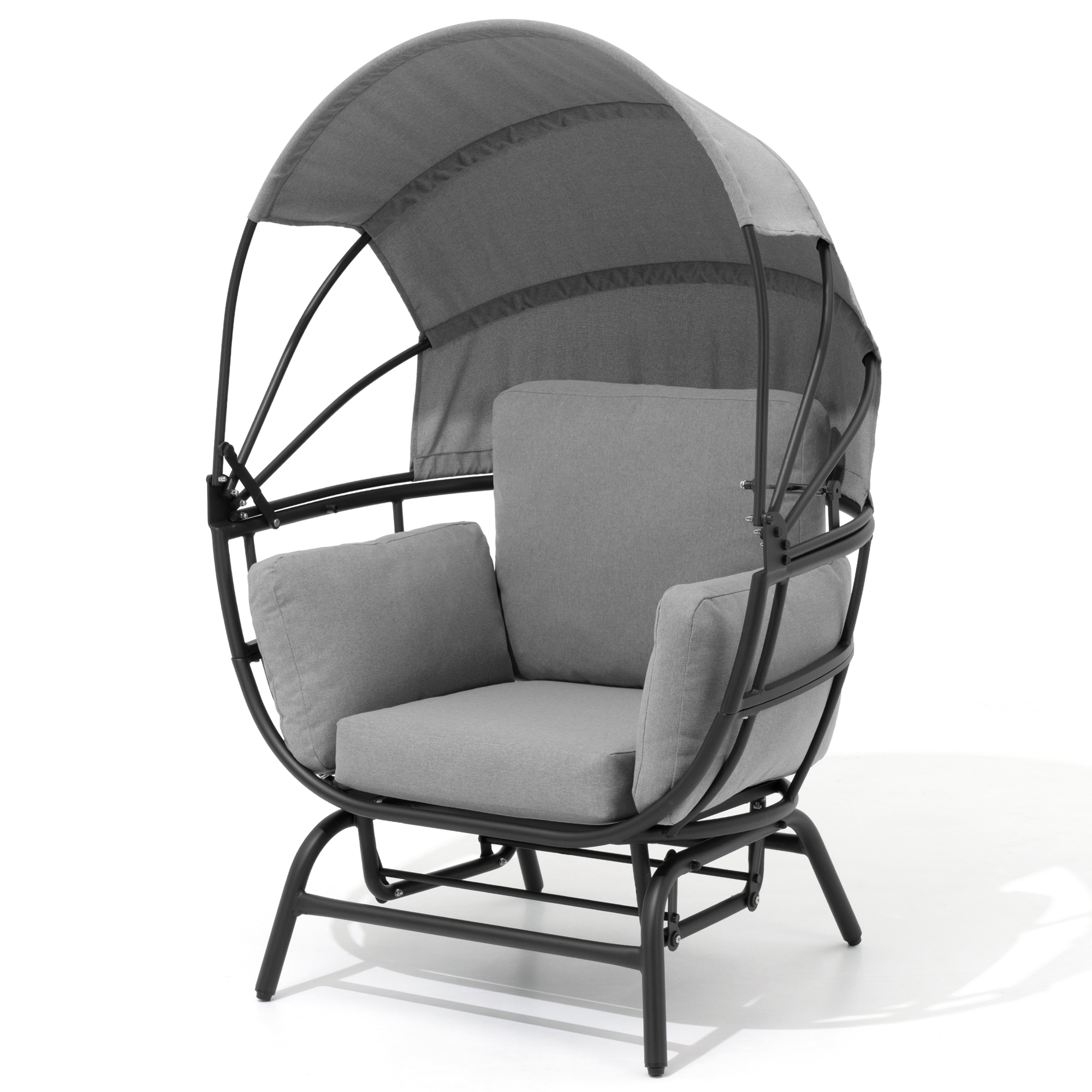 Crestlive Products CL-DC205BGG Outdoor Rocking Egg Chair with Canopy black Metal Frame Egg Chair with Gray Cushioned Seat