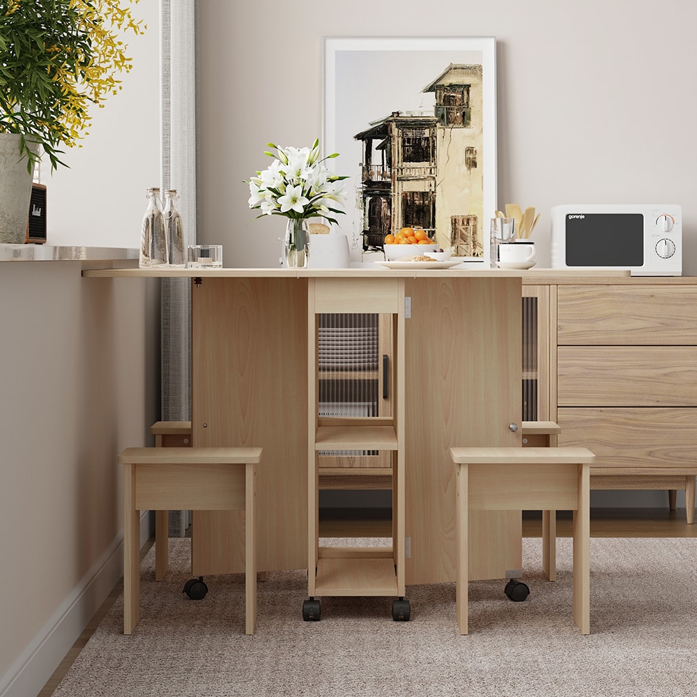 Homsee C-KF520026-01 Brown Foldable Dining Table with Spacious Top and Locking Wheels for 4 People – Space-Saving Multifunctional Desk for Home or Kitchen