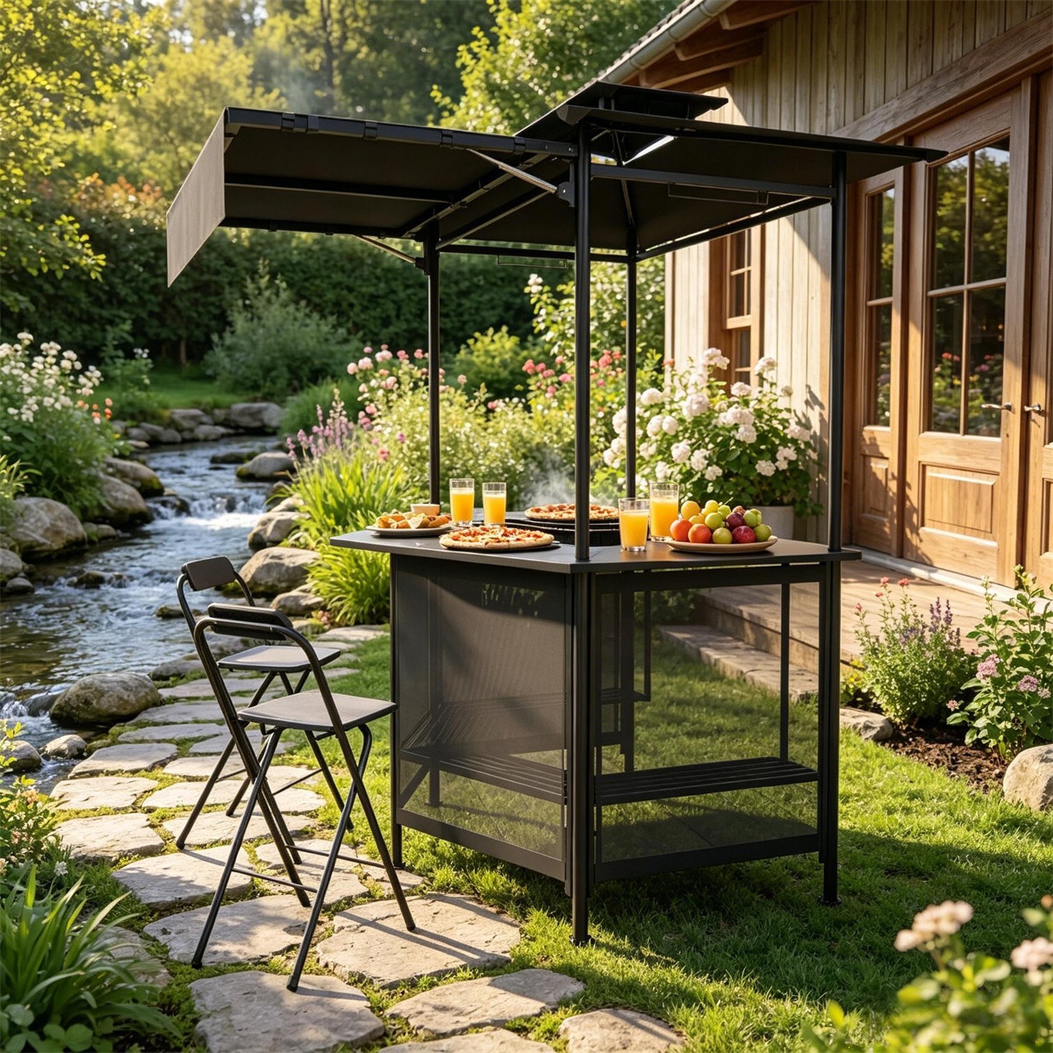 chillscreamni Rectangular Steel Frame BBQ Grill Gazebo with Double-Tier ...