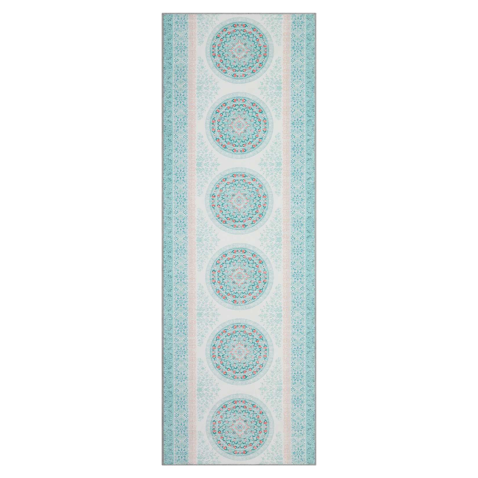 Qeetex LSN-PHK-347M4JV4 2 x 6 ft Polyester Pearl Velvet Light Blue Rectangular Hallway Bathroom Entryway Kitchen Office Foldable Flower Printed Modern Washable Area Rug