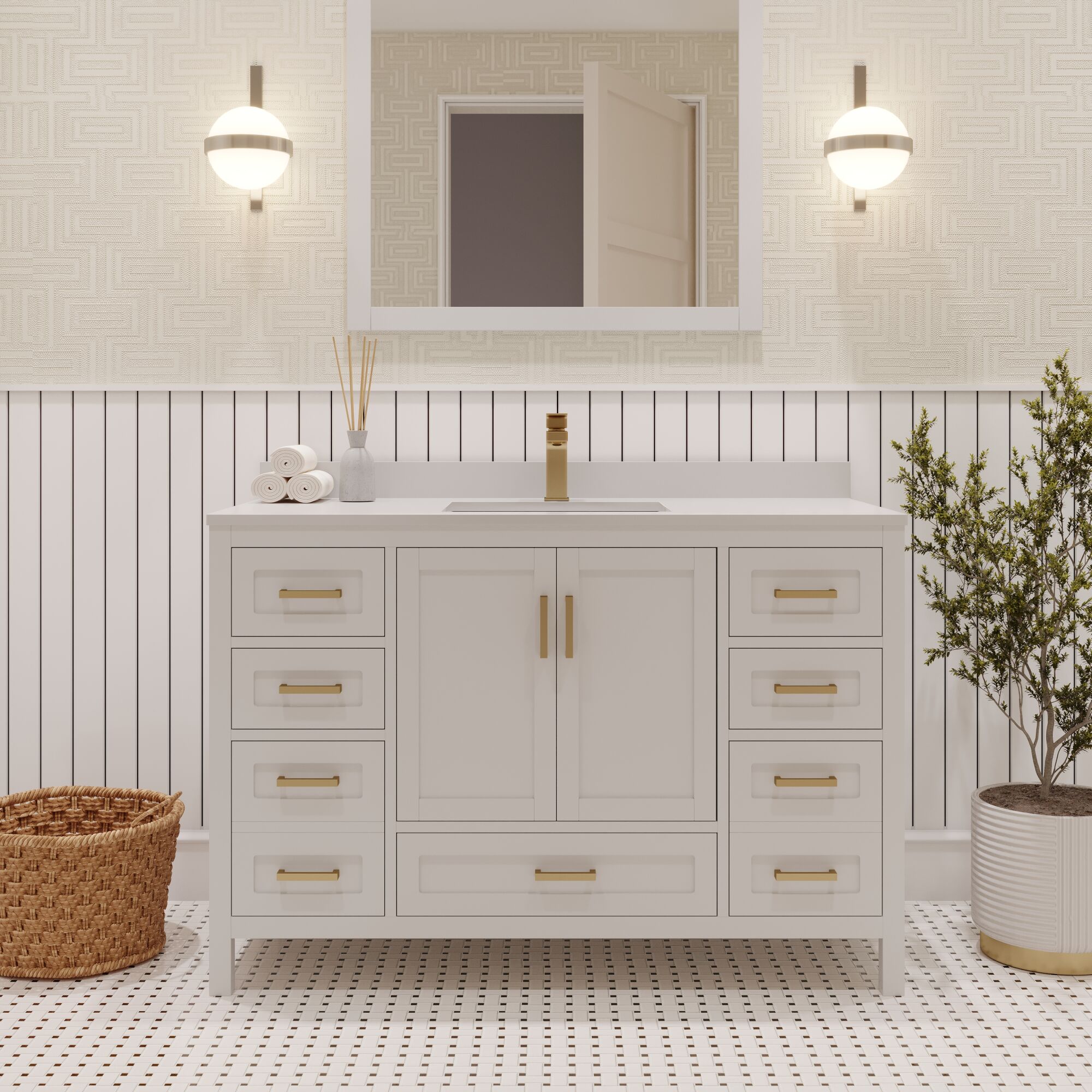 Ayna Decors Rooh Undermount Single and Double Sink Bathroom Vanity with White Quartz Top (Fully Assembled)
