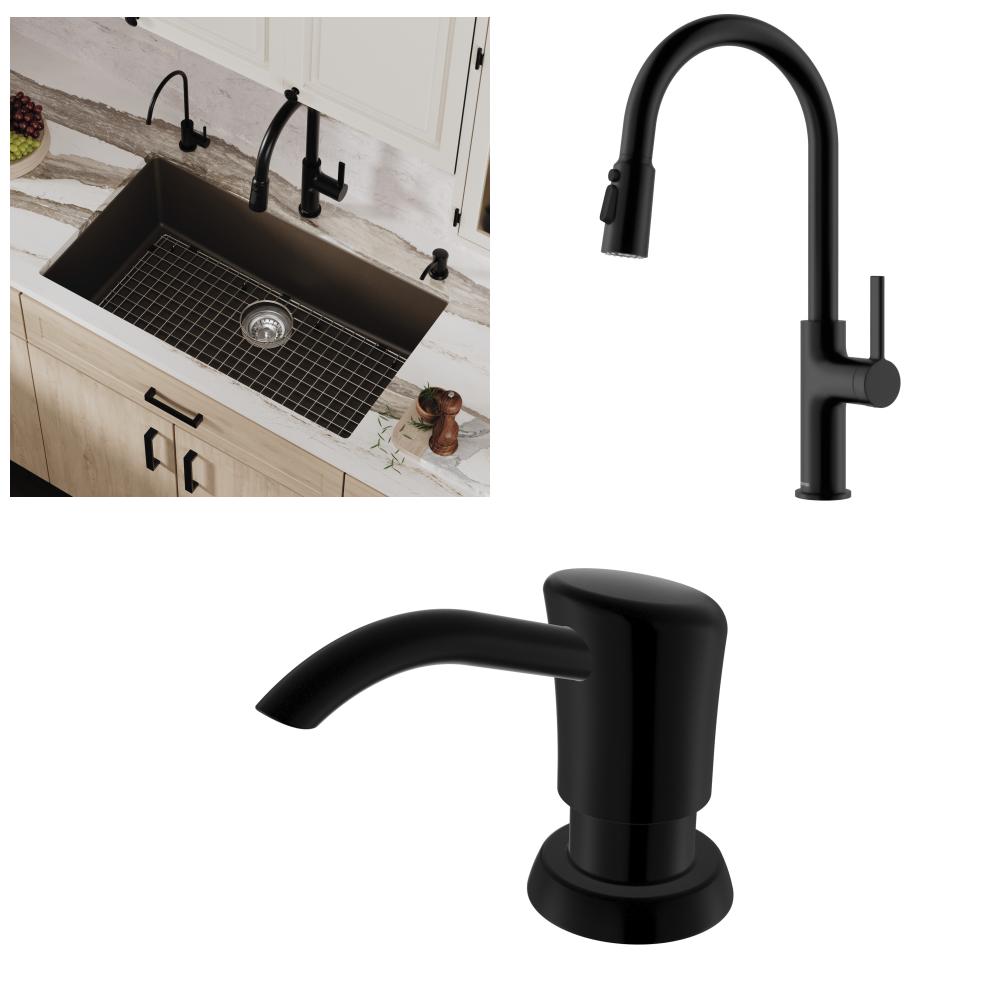 Karran Karran Undermount 32.25-in x 19.25-in Quartz Single bowl Kitchen Sink with Bottom Grid, Matte Black Faucet, Soap Dispenser, Basket Strainer, and Cold Water Dispenser