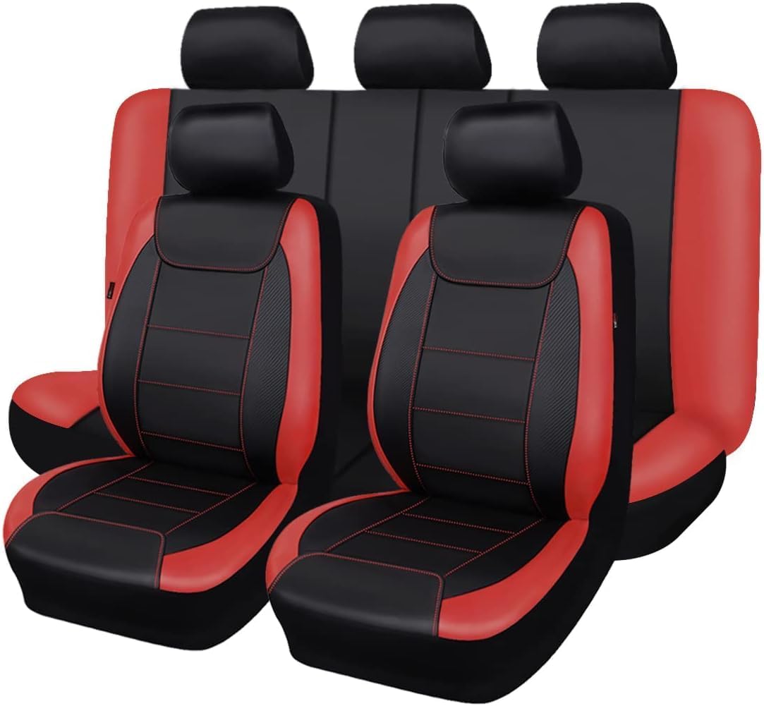Garvee 9-Piece Universal PU Leather Car Seat Covers Stitching Independent Bag Packaging Durable and Easy to Install for Cars SUVs Vans  Black and Red