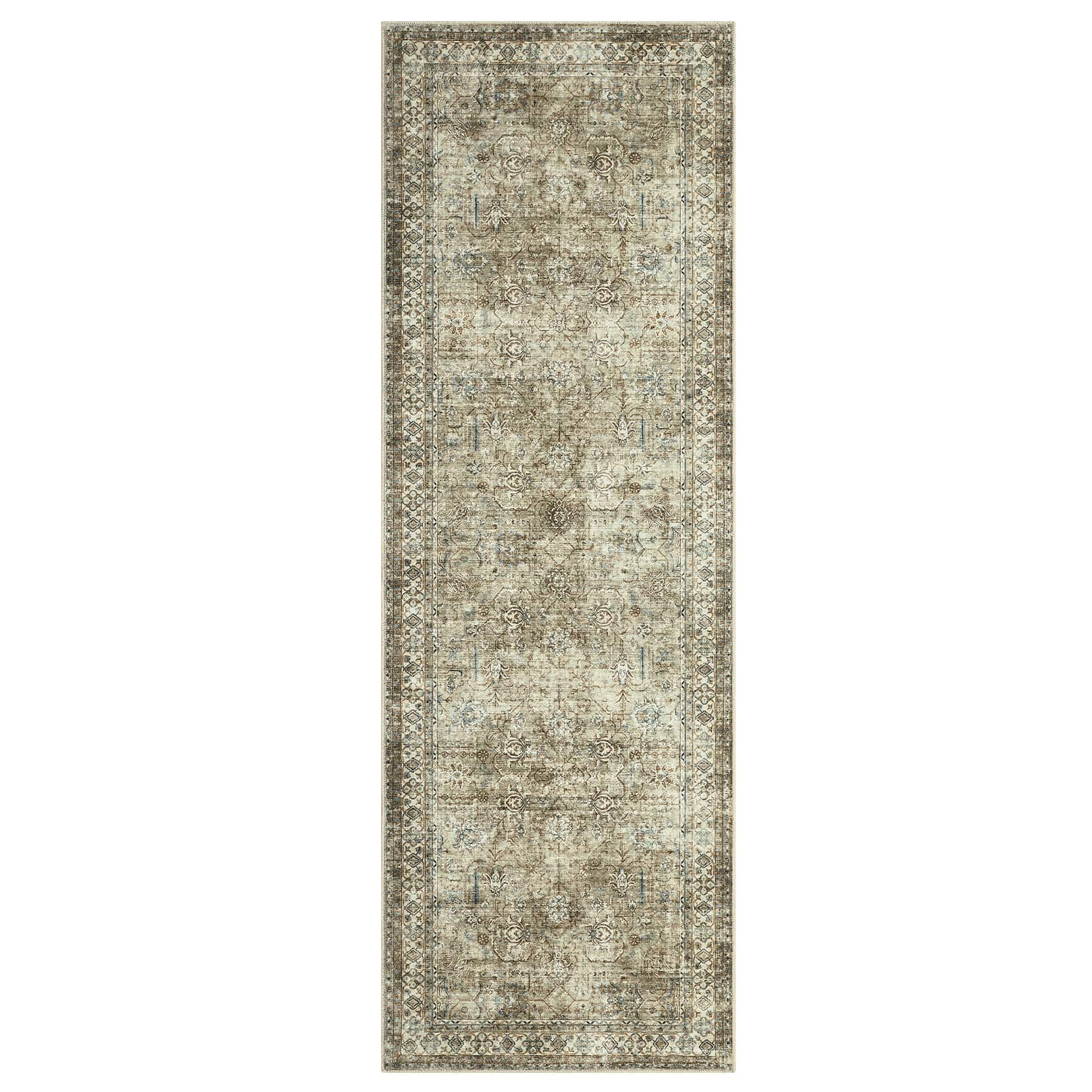 Qeetex LSN-PHK-345CUJQL 2 x 6 ft Polyester Cashmere Brown Rectangular Hallway Bathroom Entryway Kitchen Office Foldable Flower Printed Persian Washable Area Rug