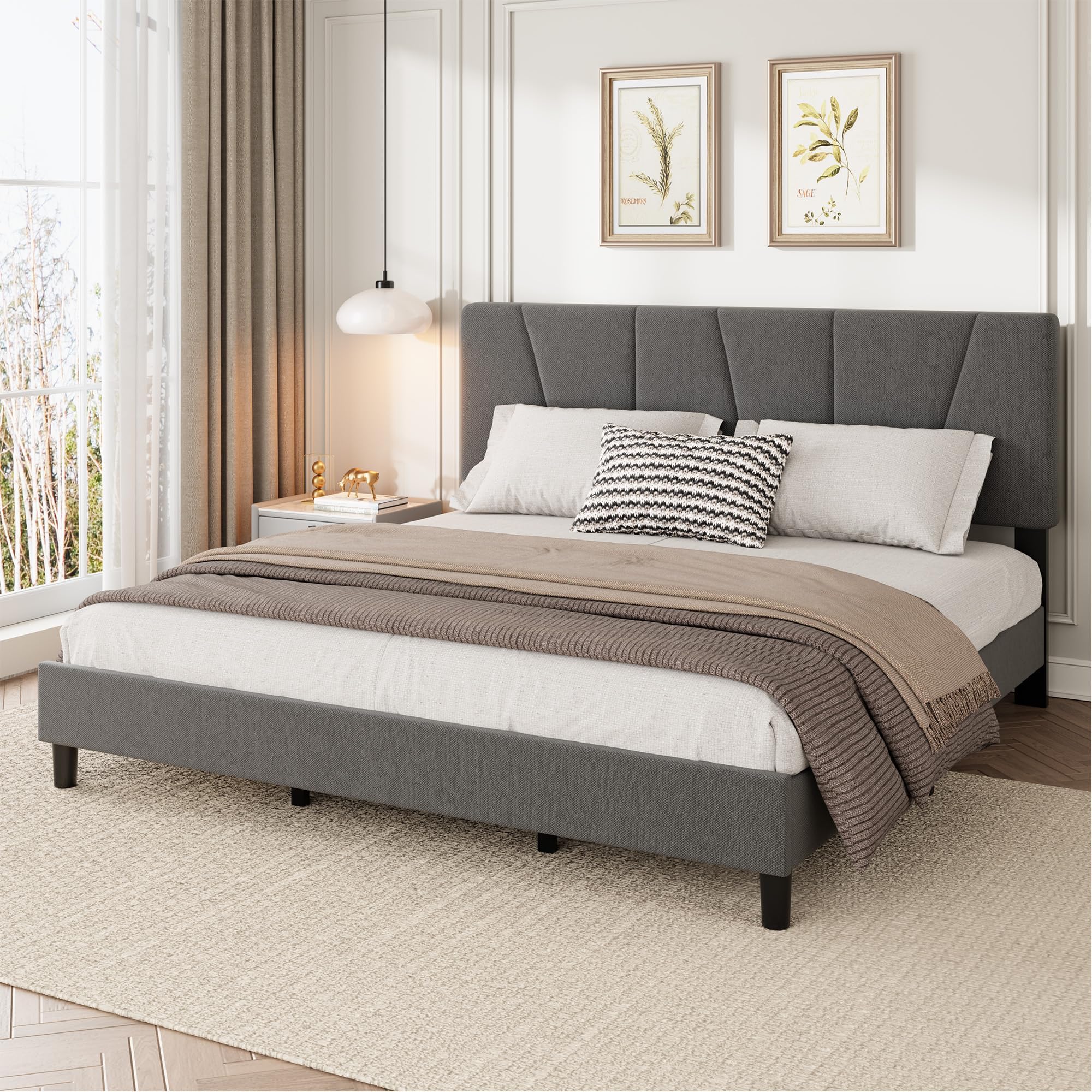 Garvee - Platform Bed Frame with Fabric Upholstered Headboard and Wooden Slats Support Fully Upho...