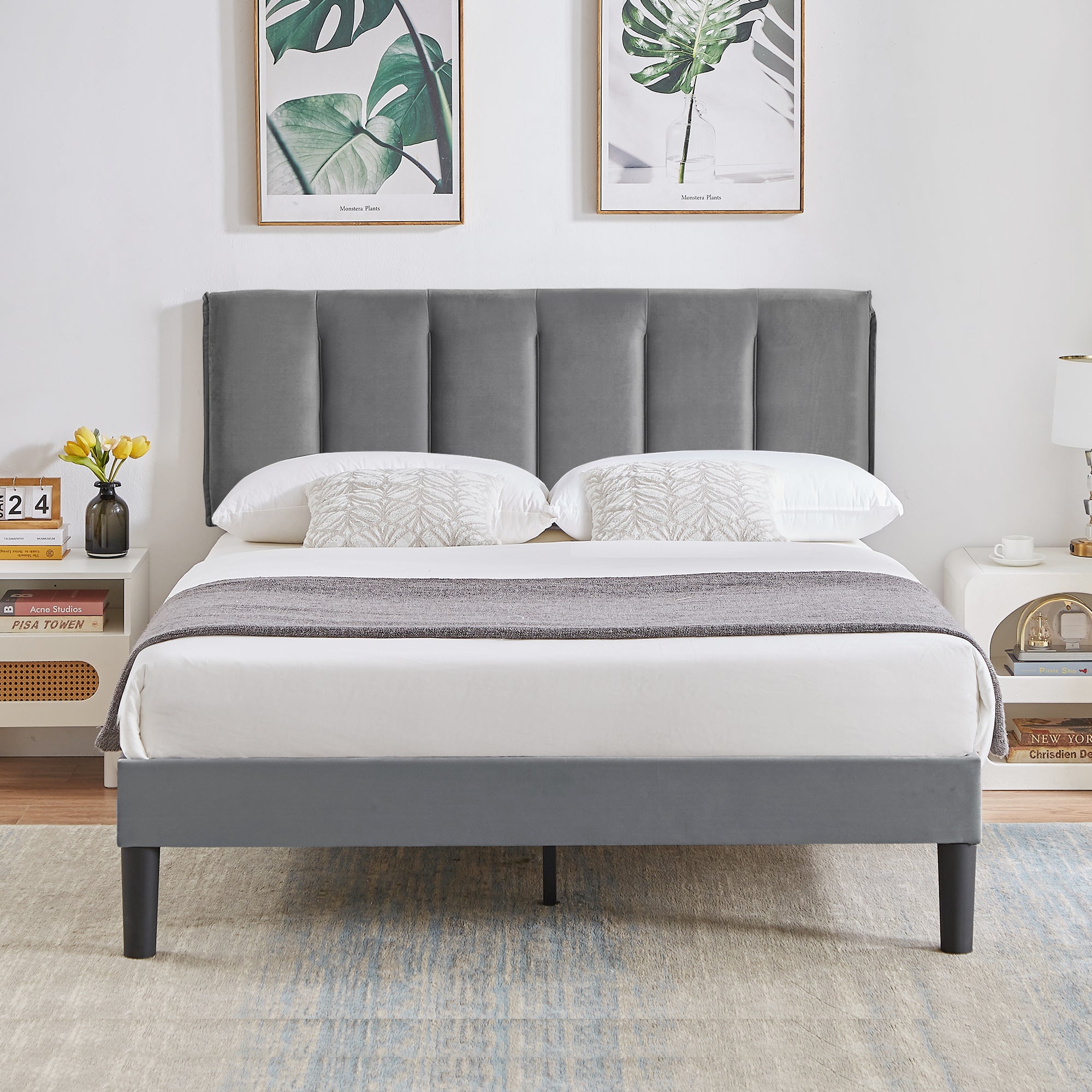 Vecelo LOE-CY-FB04-DGRY Full Bed Frame with Upholstered Adjustable Headboard Heavy Duty Platform Bed Frame with Strong Wooden Slats Support Dark Gray
