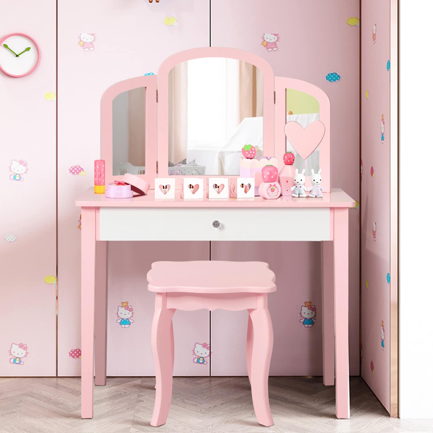 Costway CSHY001332 Kids Vanity Set Princess Makeup Dressing Play Table Set With Mirror-Pink