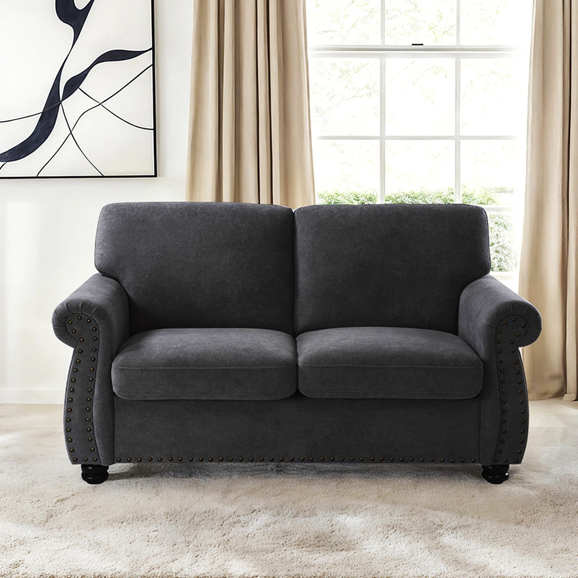 Roomfitters  2 Seater Upholstered Loveseat Couch Traditional Nailhead Trim Sofa with Solid Wood Turned Legs Black