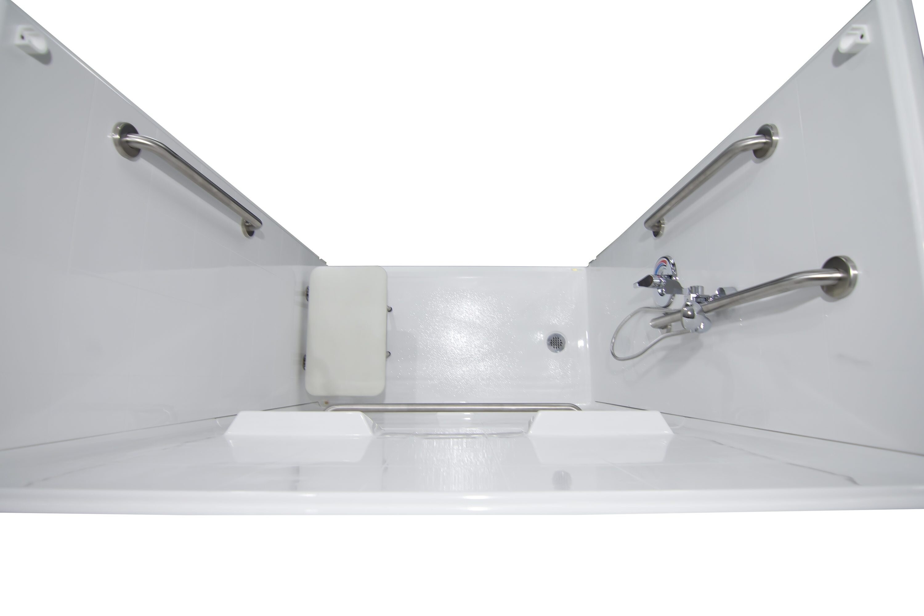 Laurel Mountain Whitwell ADA Roll-In Zero Threshold- Barrier Free White 33-in x 62-in x 78-in Base/Wall One-Piece Shower Kit with Folding Seat
