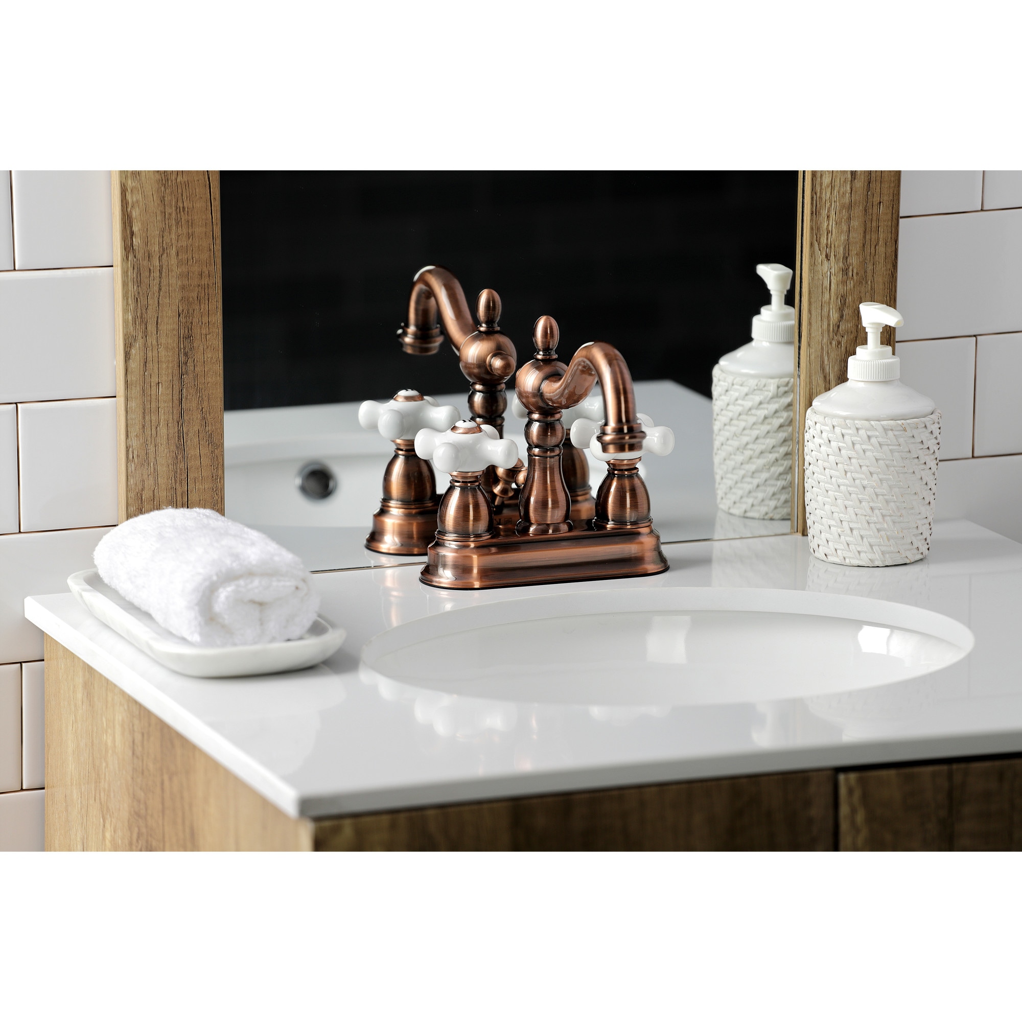 Kingston Brass WLKB160PXAC Heritage Antique copper 4-in centerset 2-handle Low-arc Residential Handle Bathroom Sink Faucet with Drain