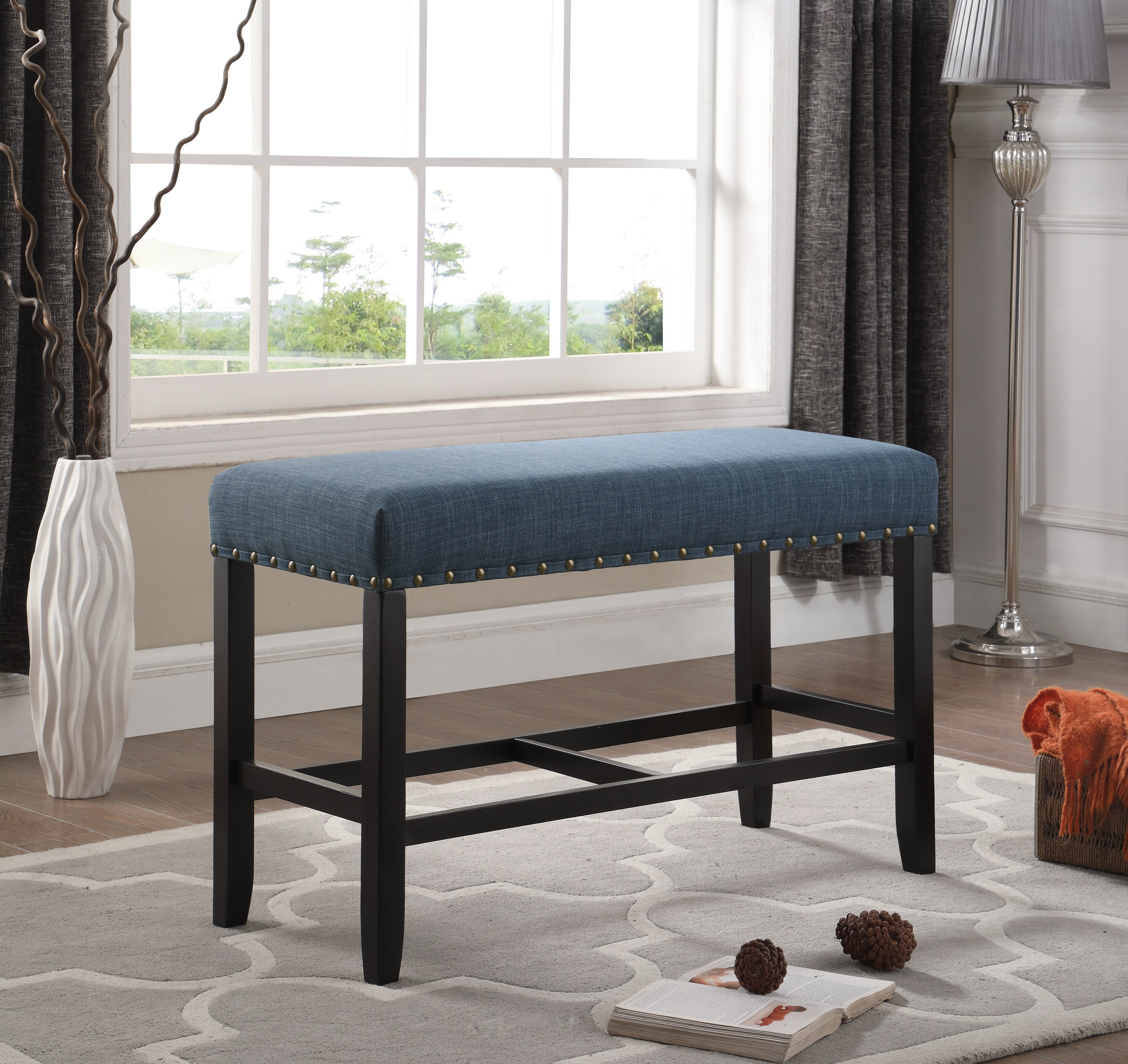 Tatayosi JL4P164804 Blue Fabric Counter Height Dining Bench with Nailhead Trim