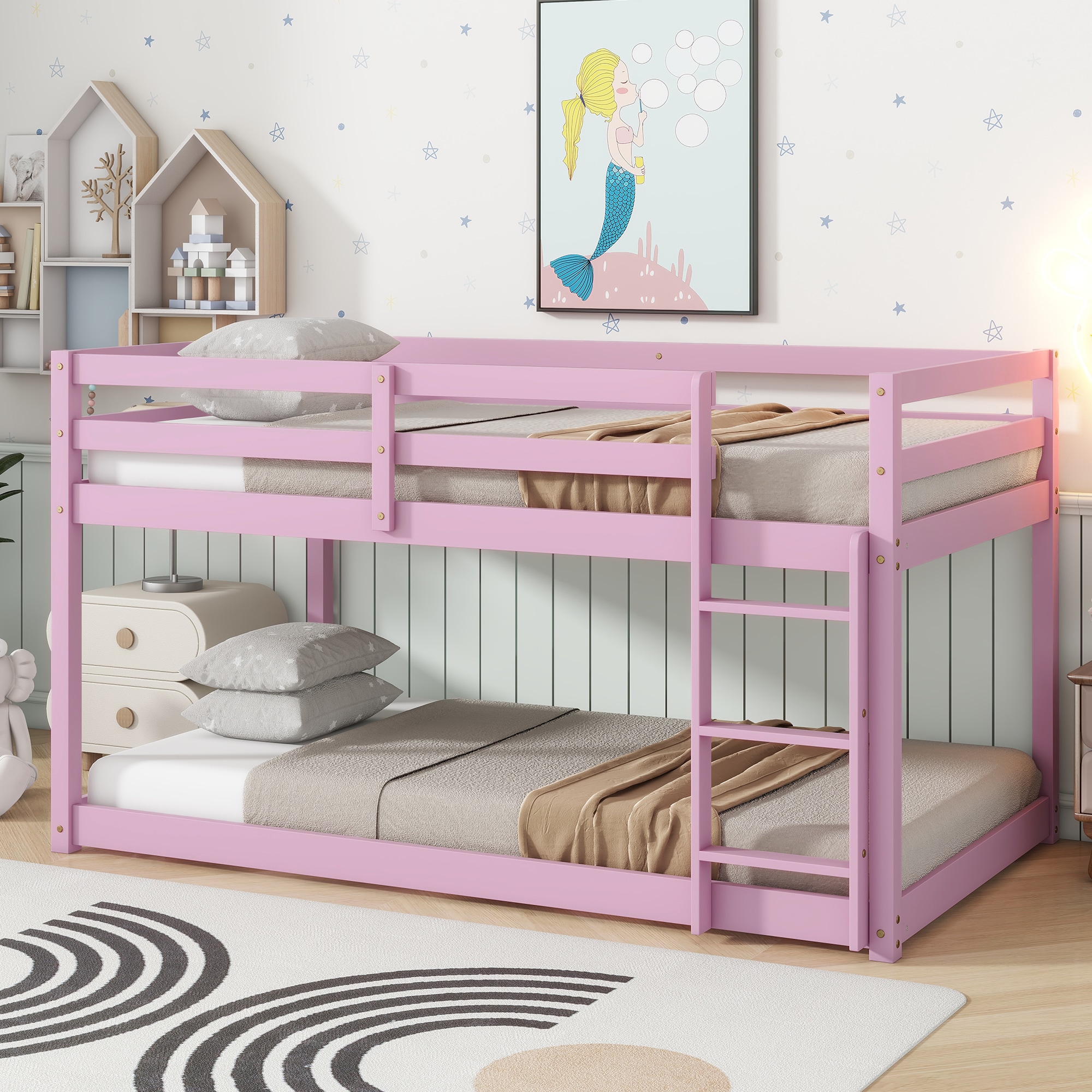Dimakai Pink Solid Rubber Wood Twin over Twin Floor Bunk Bed with Ladder and Strengthened Slats