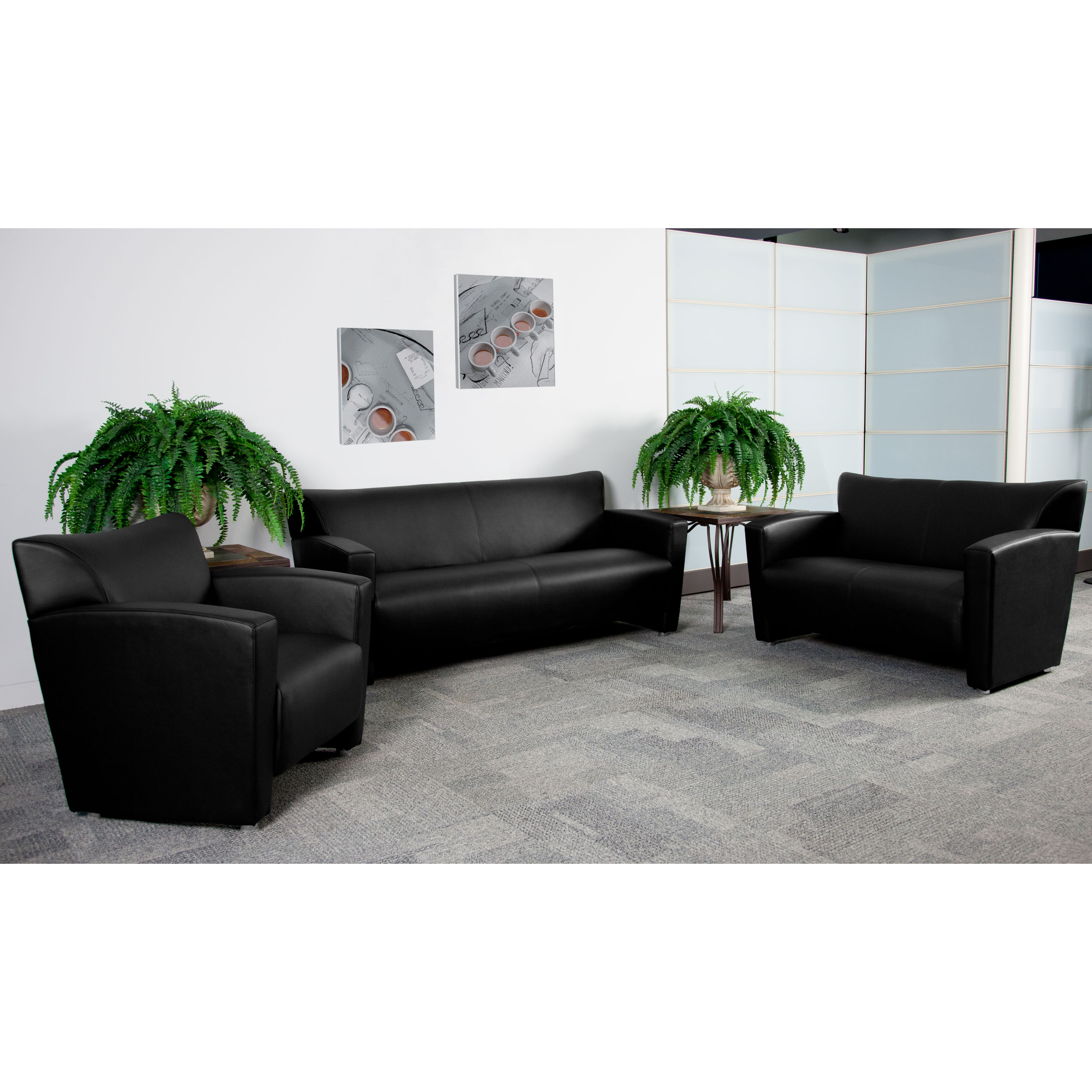 Black Faux Leather Flared Arm Reception Loveseat