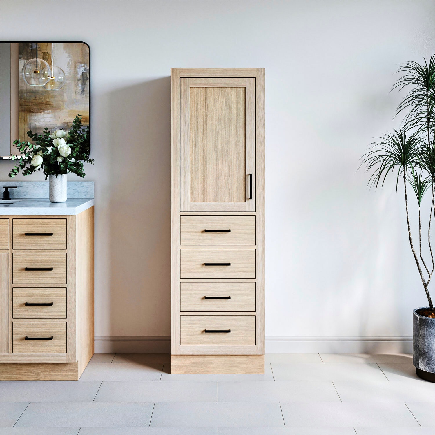 ARIEL 20-in x 65-in x 16-in Natural Oak Wood Freestanding Soft Close Linen Cabinet