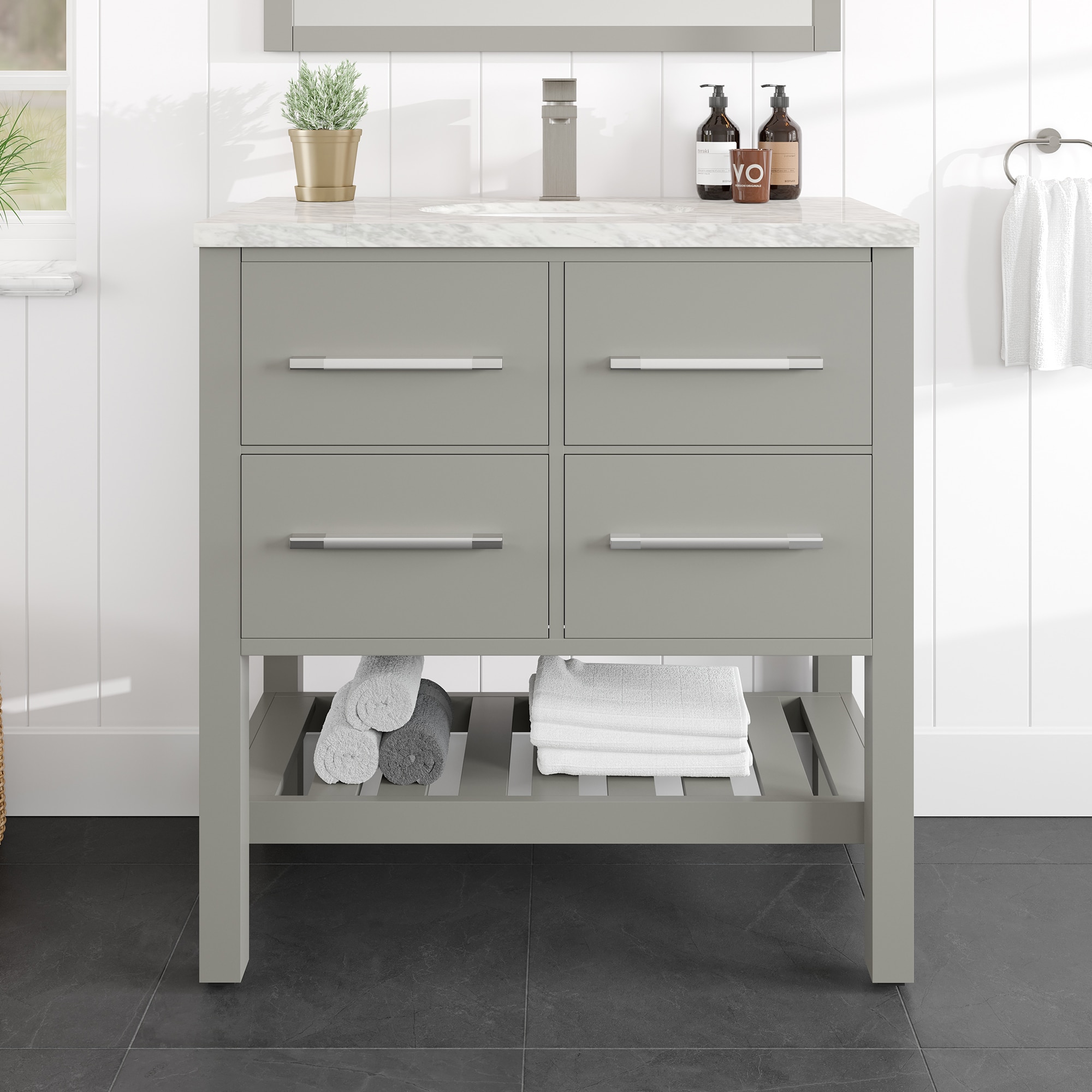Eviva EVVN503-36GR Natalie 36-in Gray Undermount Single Sink Bathroom Vanity with White Marble Top