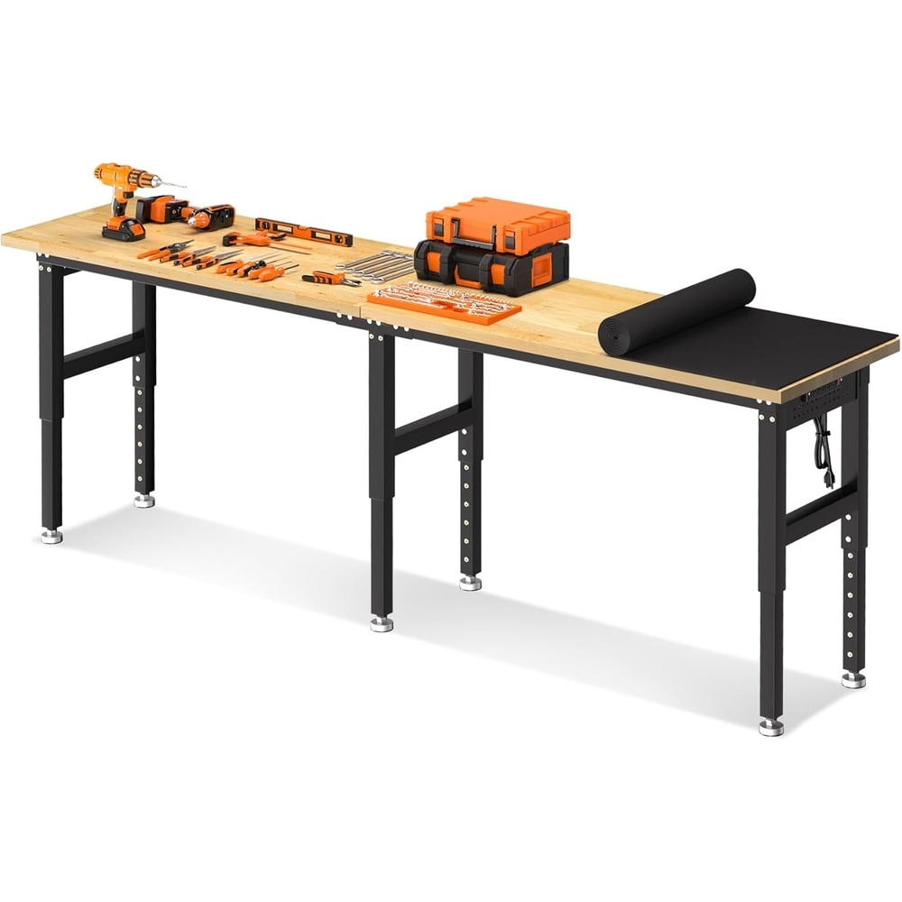 GAOMON Adjustable 96 In Heavy-Duty Computer Workbench Desk with Rubber Wood Top 5500 lb Capacity Dual Power Outlets and Pegboard Storage
