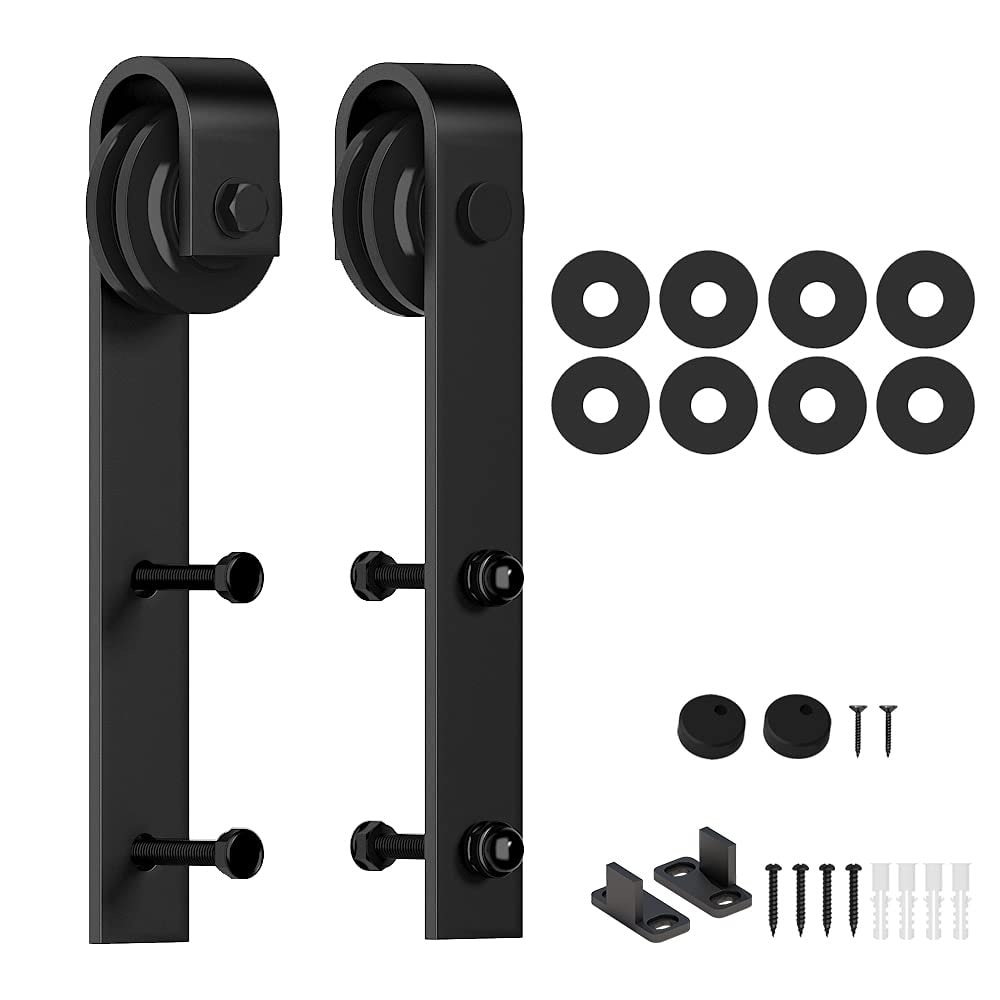 Phyfalip 2 Piece Sliding Barn Door Roller Set Black Carbon Steel J Shape Hanger 265 lb Capacity Fits 1 38 and 1 34 in Doors with Floor Guide #LPF0502Q45