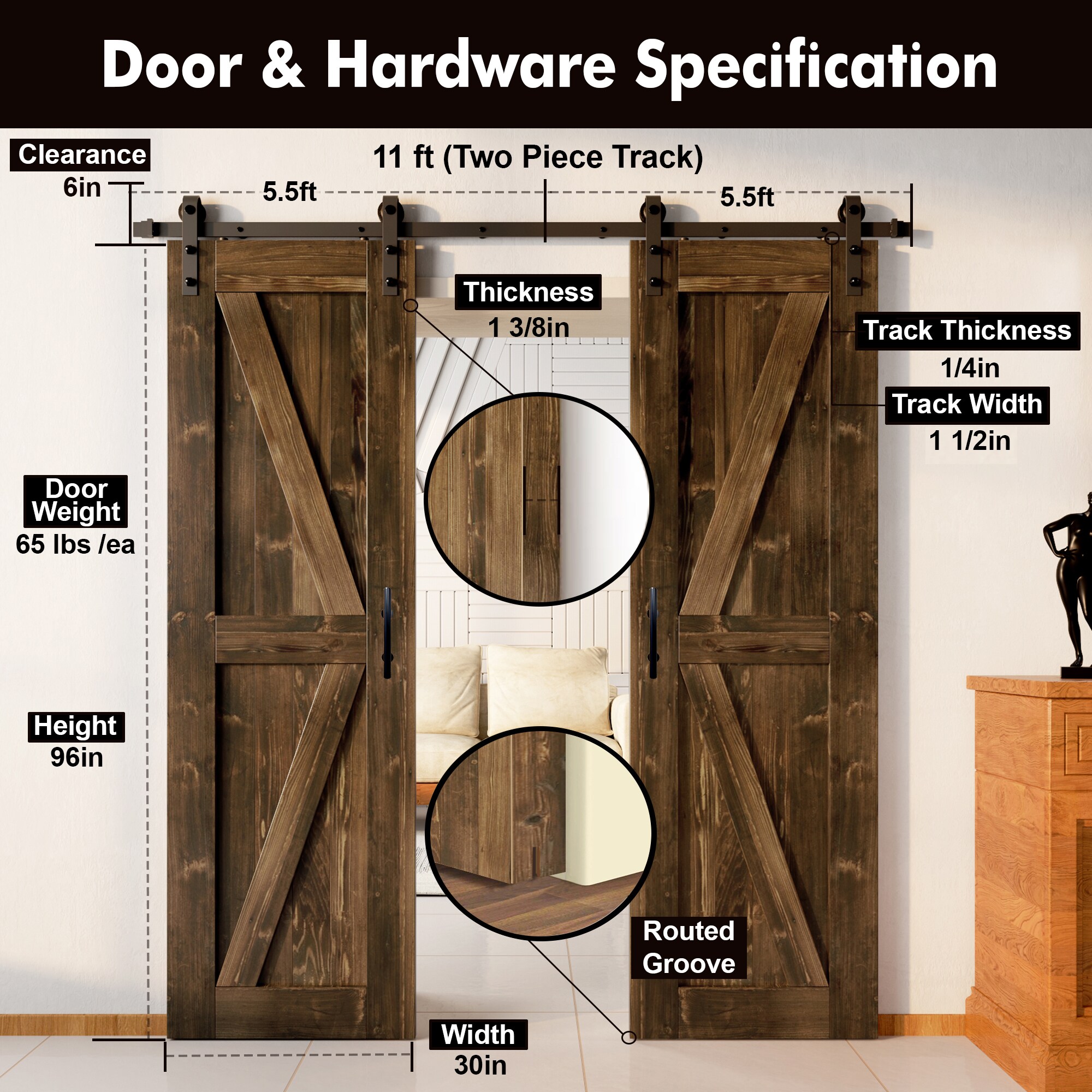HOMACER YT2TGH132C-3096-K-WA Barn-Doors - View #7