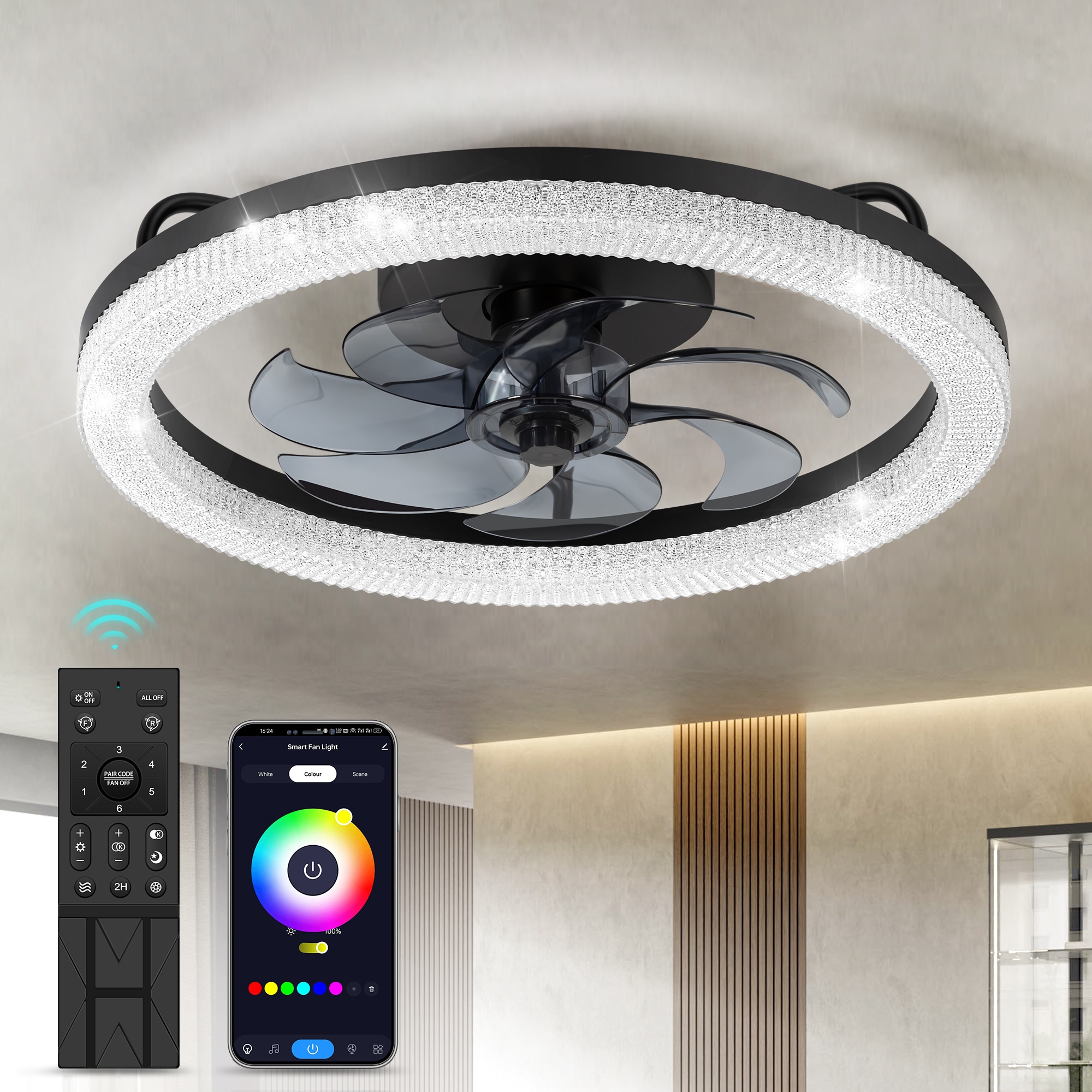 Breezary 33010-BK 19-in Color-Changing Integrated LED Flush Mount Black with blue-gray Blades Fandelier Ceiling Fan With Light - Remote Included ( 7 -Blade )