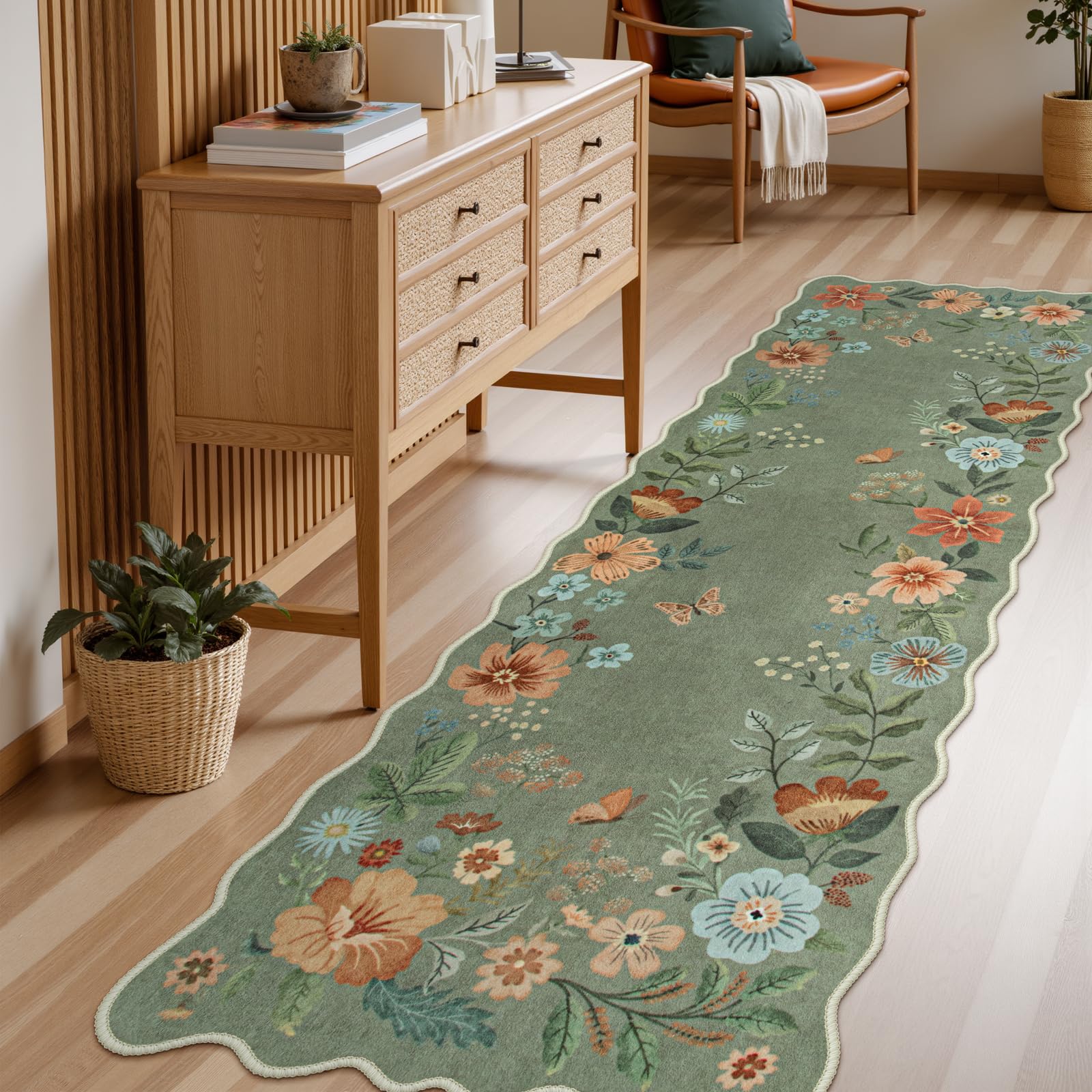 Lahome AR-DYR-177-G12 2.6 x 8 (ft) Mung Bean Green Vitality Nature Short Pile Faux Cashmere Floral Rectangular Indoor Area Rug