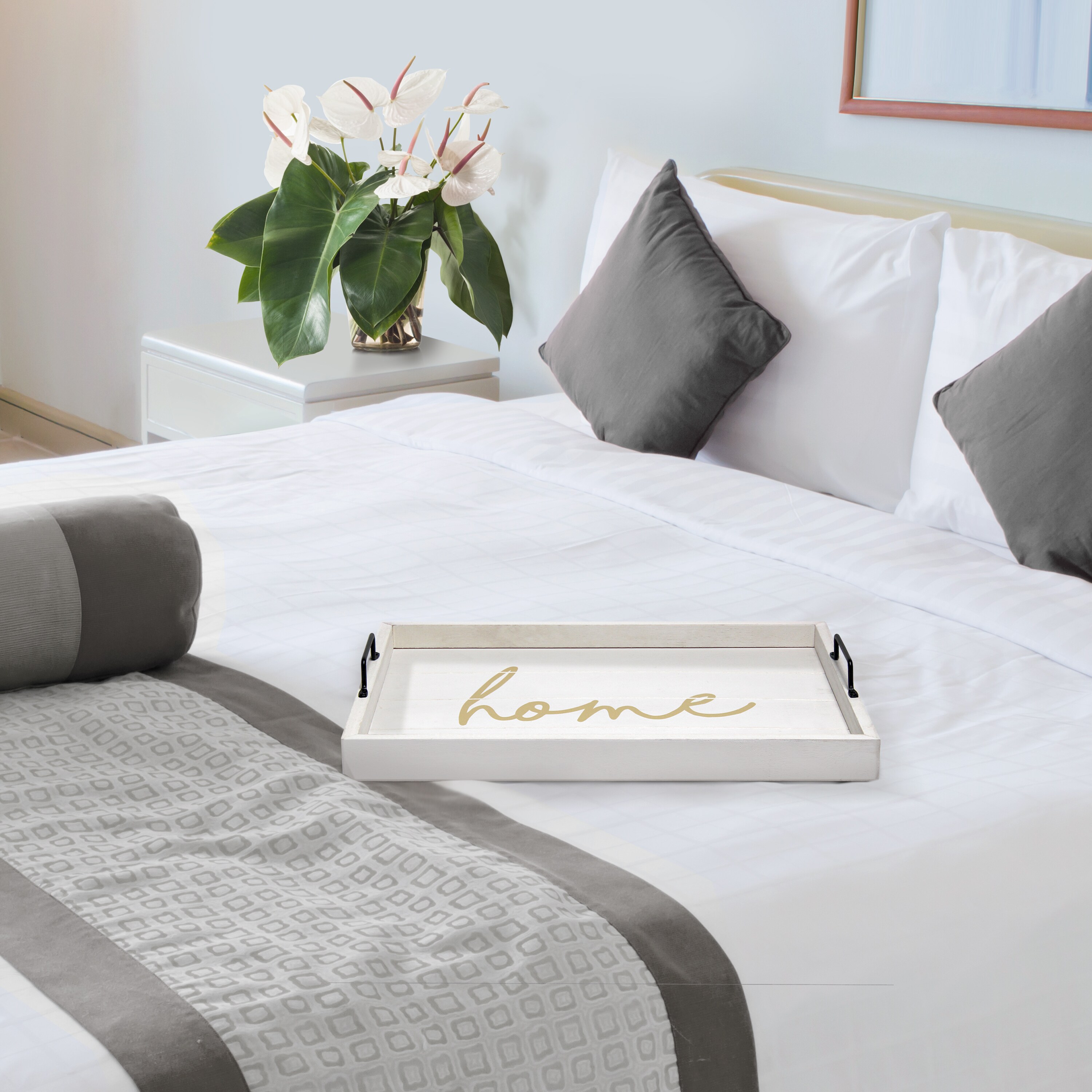 White Wash Wood Serving Tray with Black Metal Handles