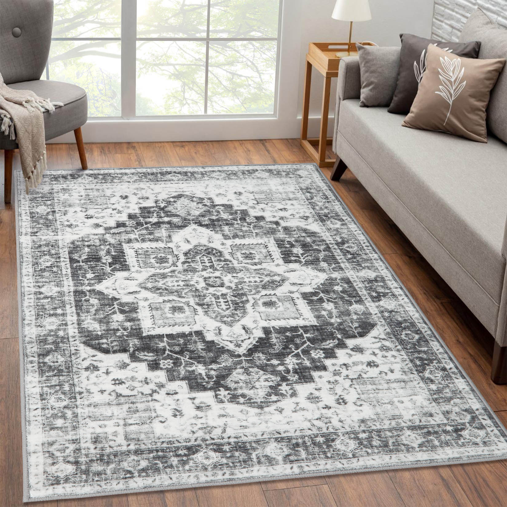 Garvee YXY-LO-PHO-0YI4G3J8 6 x 9 (ft) Loomed Polyester Gray Rectangular Indoor Floral/Botanical Persian Machine washable Area rug