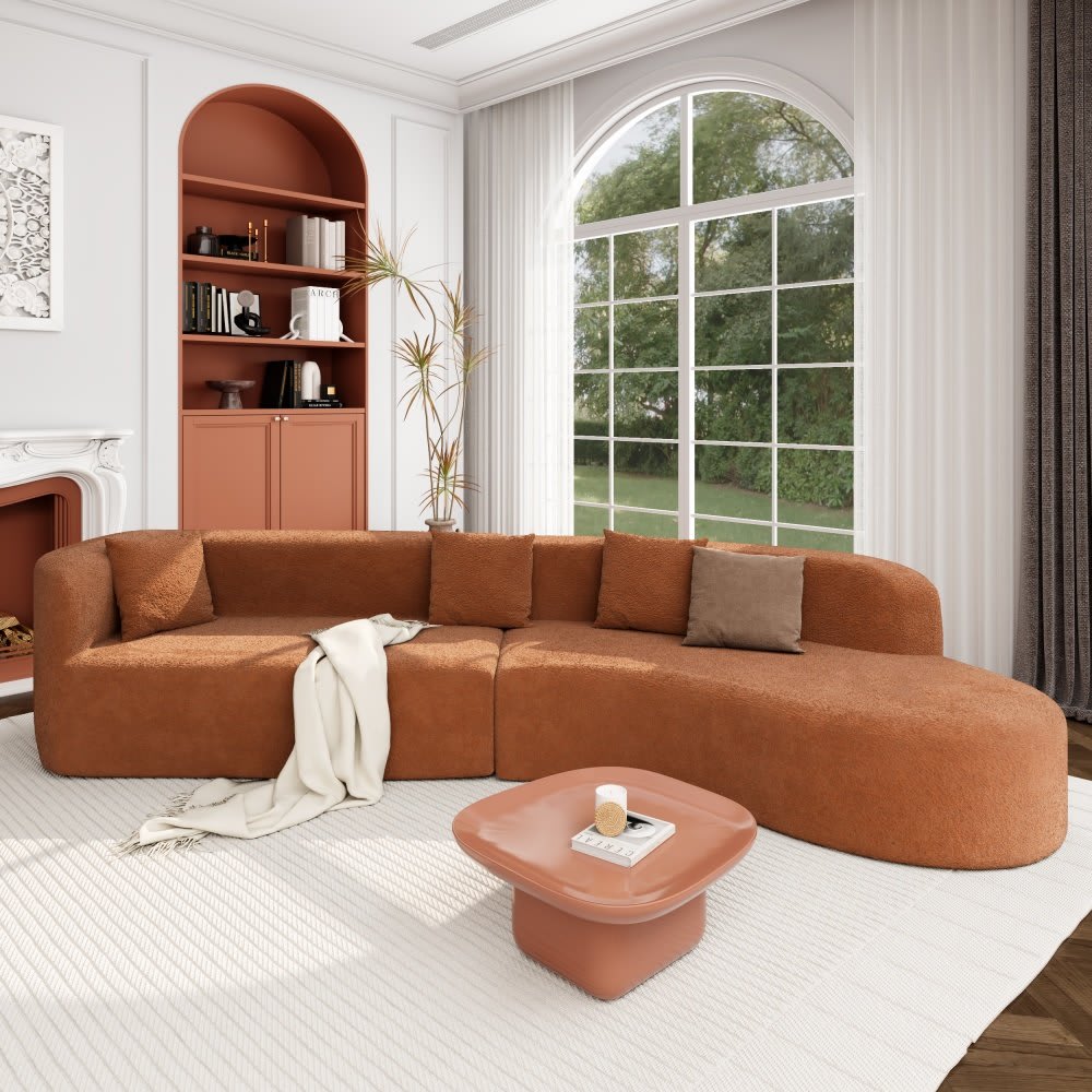 Coolbibila 125-in Living Spaces Cloud Couch Sectional Compression Sofa Curved Chaise Lounge Sofa With 3 Pillows Large Sectional Couch Orange