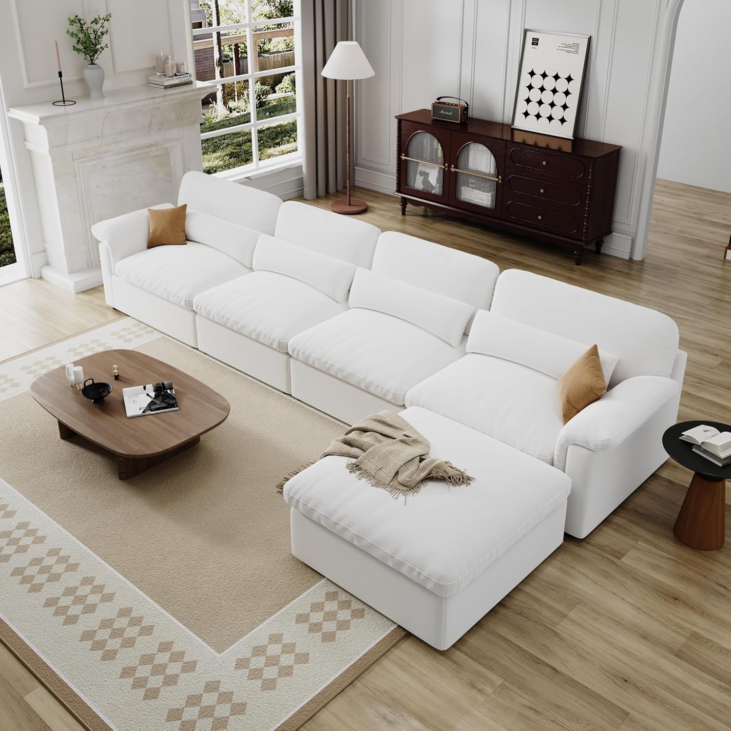 Grant Minimalist Modern Style Cloud Chenille Upholstery Down-Filled Sofa Modular Sectional Sofa with Washable Covers and Storage - White