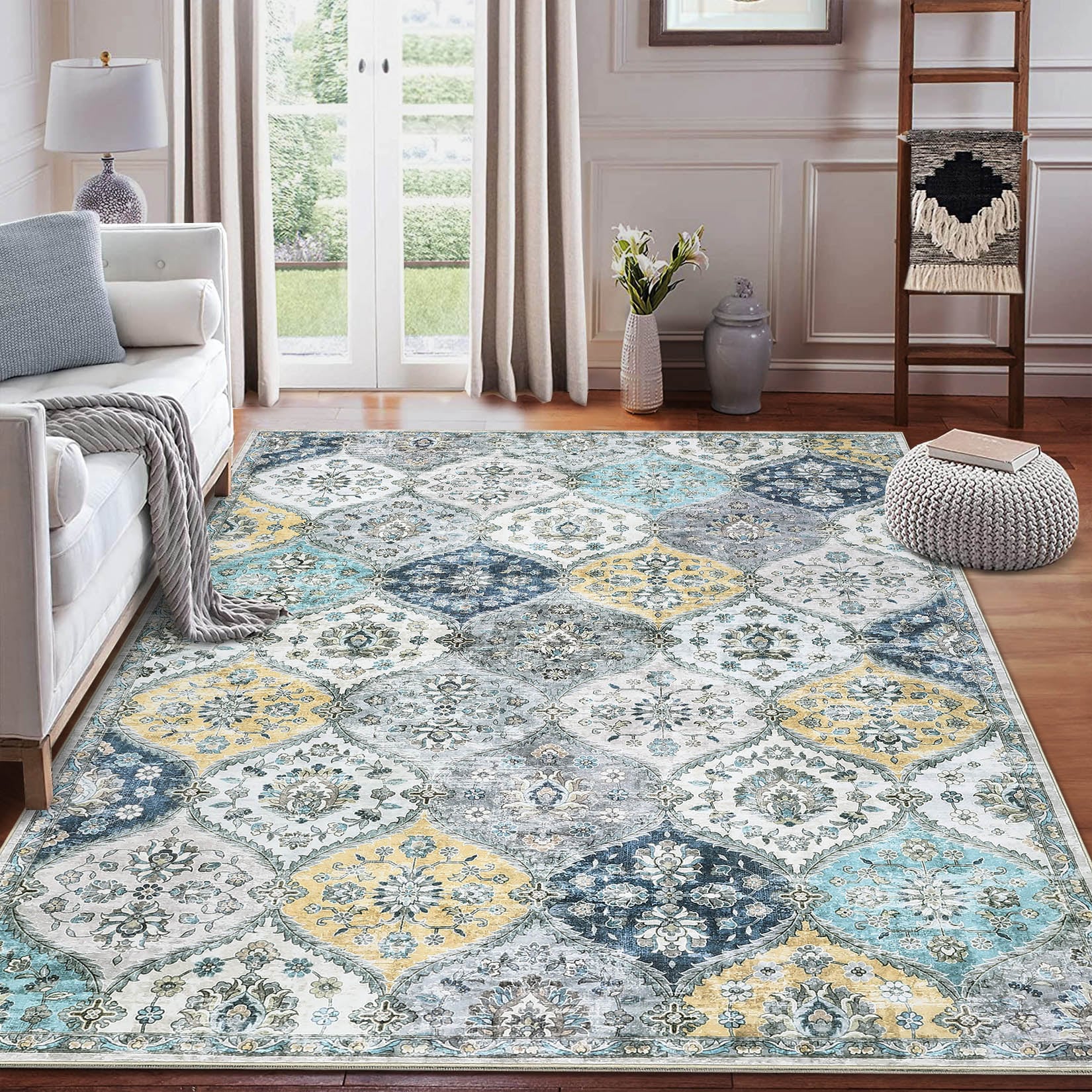 Garvee YXY-LO-PHO-10OJK4SX 8 x 10 (ft) Loomed Polyester Blue/Yellow Rectangular Indoor Medallion Vintage Machine washable Area rug