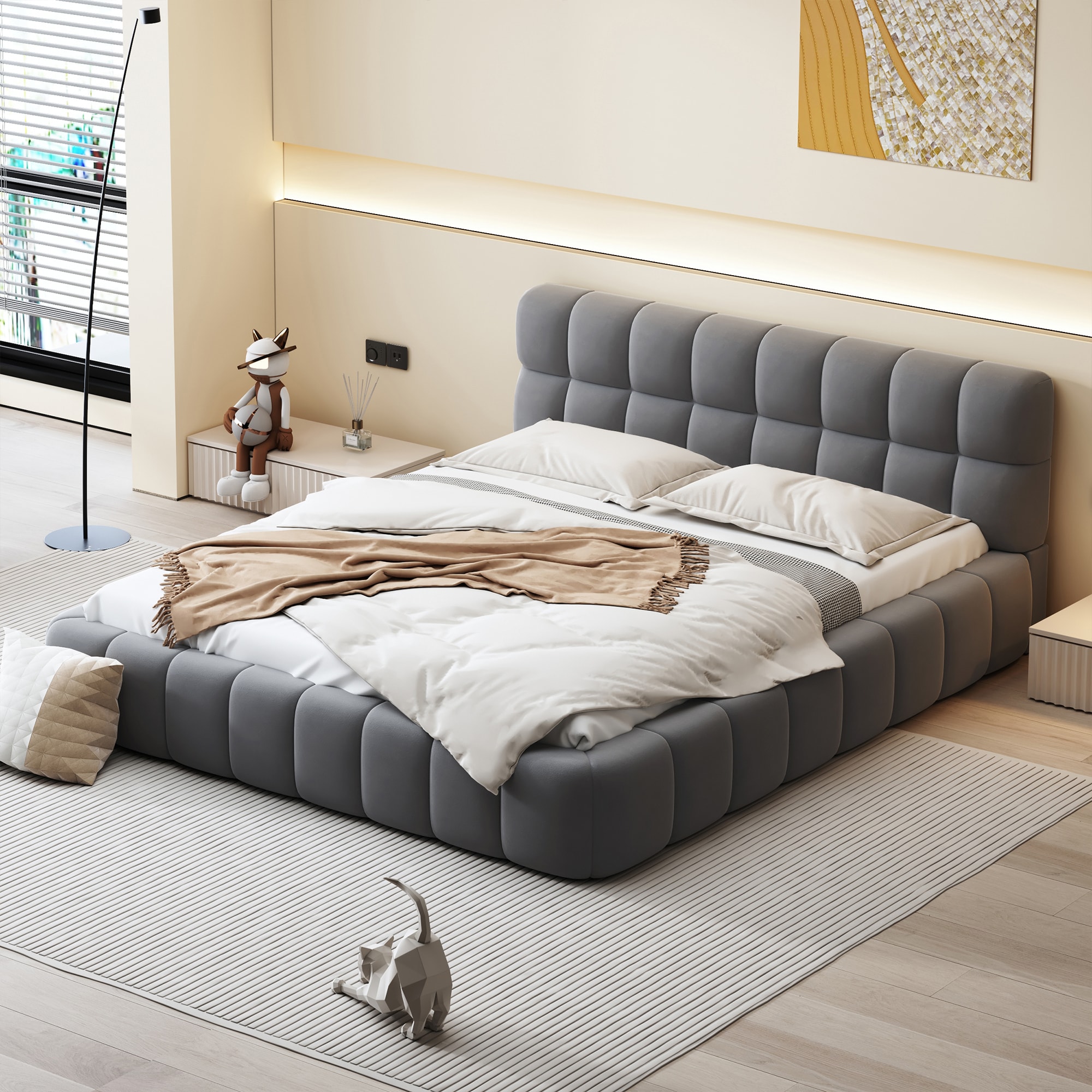 ModernLuxe L3P-SF000040AAE Queen Size Upholstered Platform Bed with Thick Fabric Grounded Bed with Solid Frame Gray