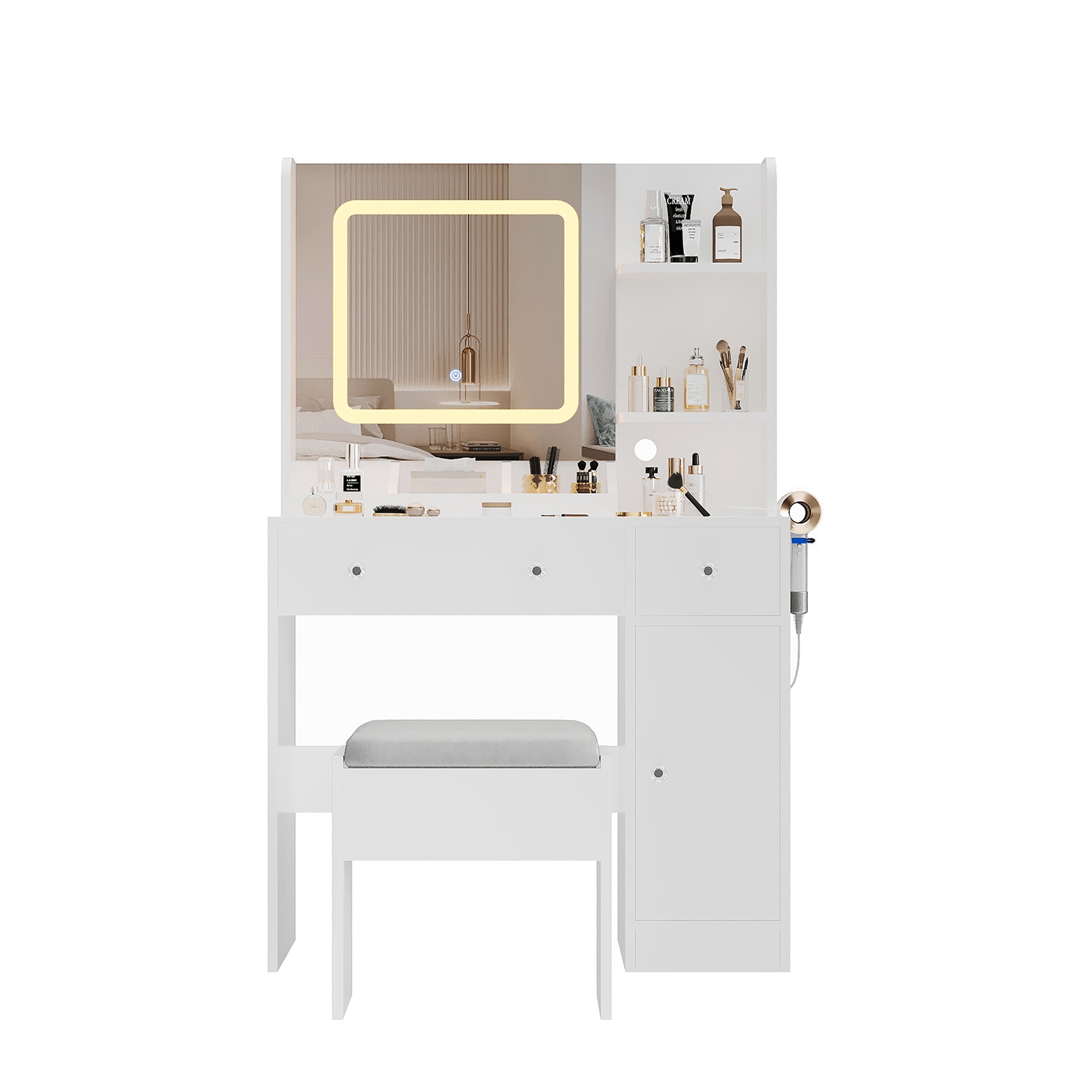 Qeetex SUN-PHO-339J8K5P Makeup Vanity Desk with Mirror and Stool Modern Dressing Table with 3 Lighting Modes Charging Station 3 Drawers 3 Open Shelves and Cabinet for Bedroom
