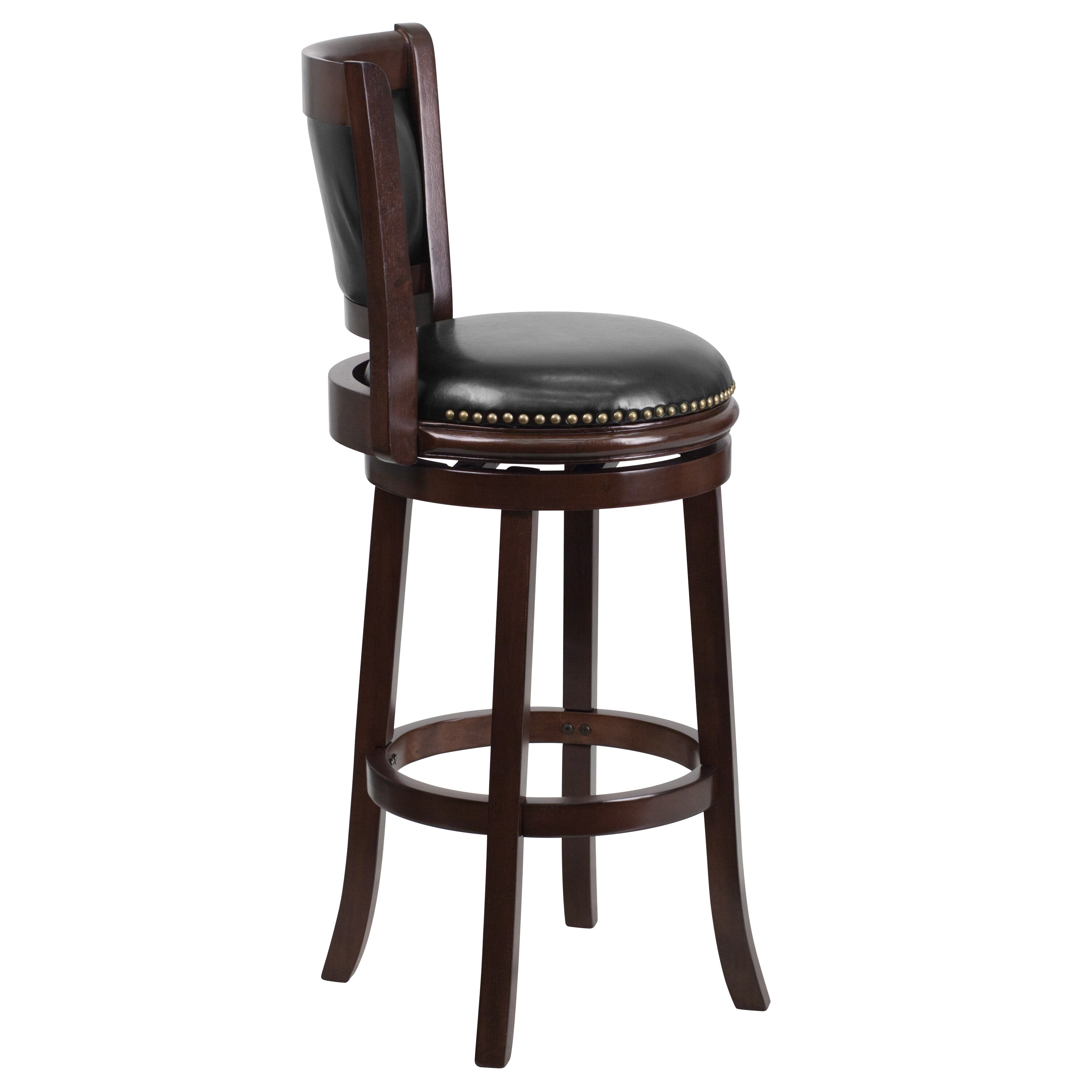 Elegant 43'' Black Leather and Cappuccino Wood Swivel Barstool