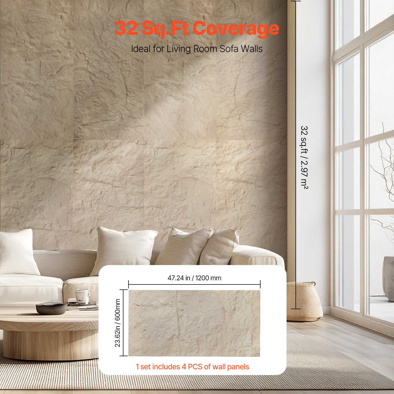VEVOR 3D Wall Panels 4 Pack 48 x 24 in PU Natural Stone Imitation Wall ...
