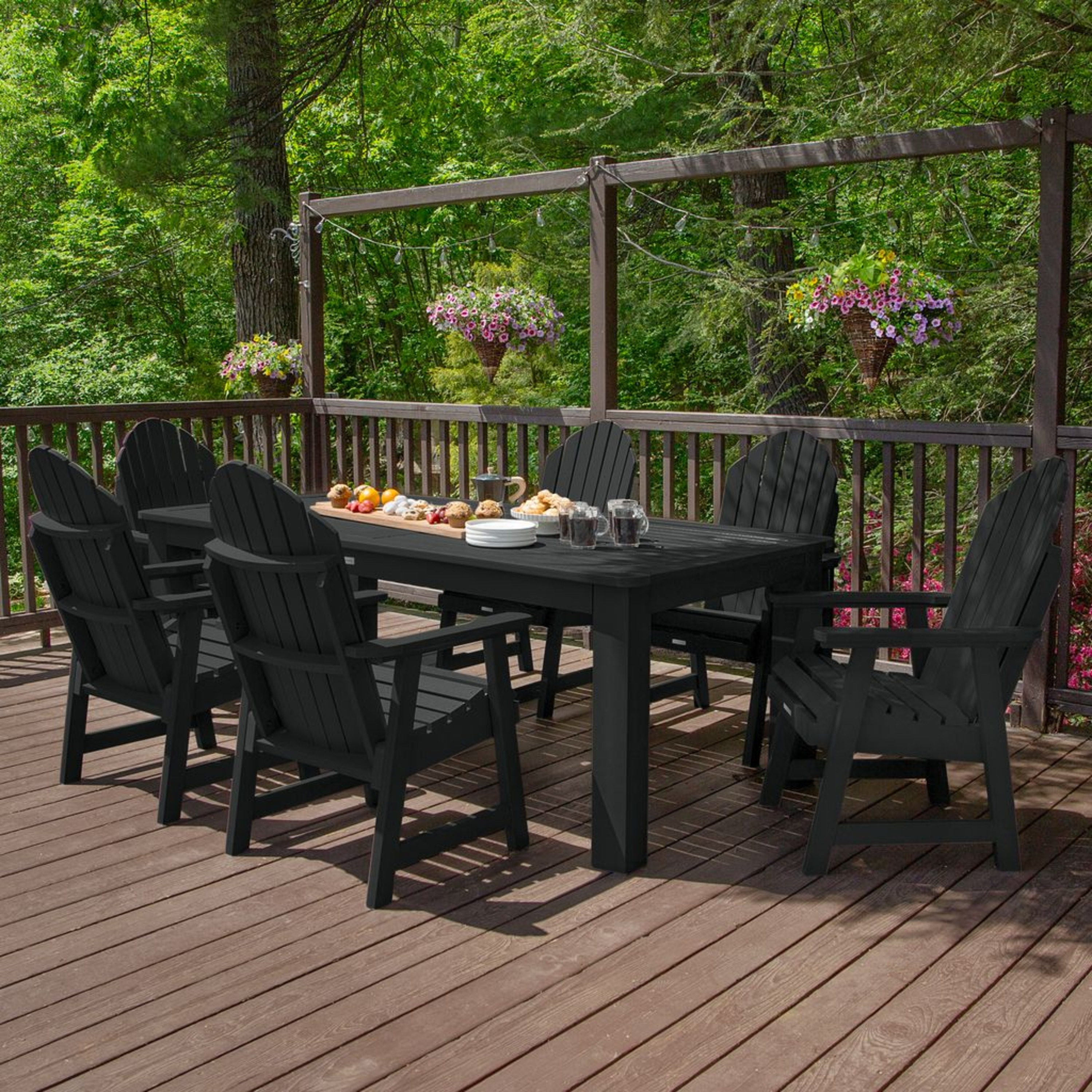 highwood AD-ST7HM1CO5AA-BKE The Adirondack 7 -Piece Black Patio Dining Set Plastic Rectangle Table with 6 Stationary Chairs