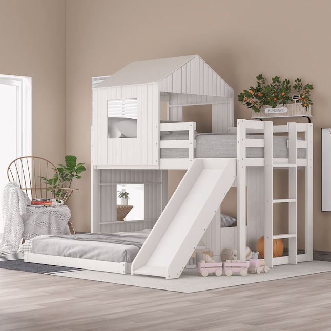 Casainc Twin Over Full Bunk Bed White, Basketball Bunk Bed With Sliders On Bottom