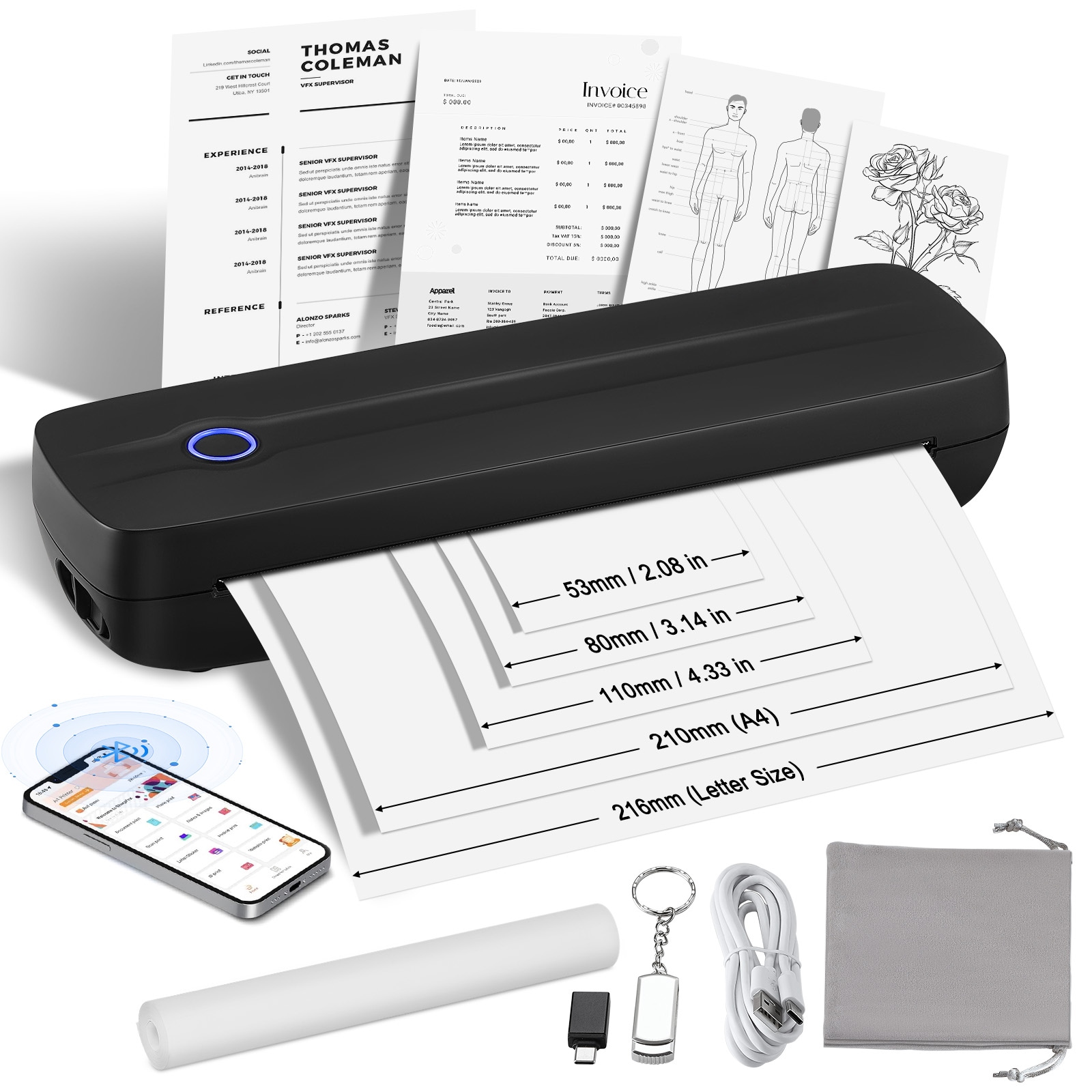 VEVOR SCBXSRMDYJ2006152V9 Portable Printer - 2600mAh Battery  203 DPI  Bluetooth Inkless Mobile Printer for A4  A5 and 8.5in x 11in Thermal Paper  Compatible with iOS  Android and Laptop  Ideal for Travel  Office and Home Use