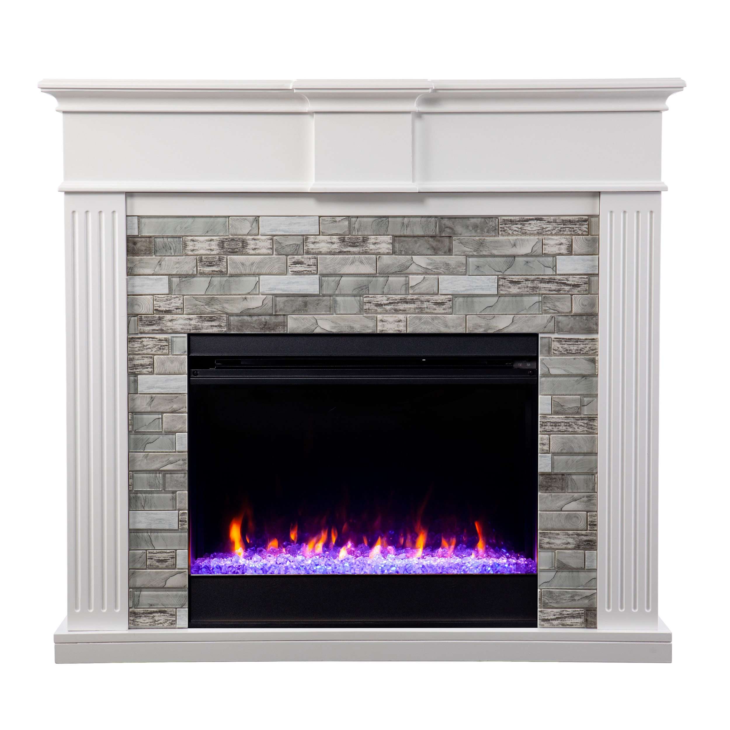 Southern Enterprises FC1157059 41.75-in W White, Gray Free standing Fan-forced Flat wall Electric Fireplace with Remote Control Included