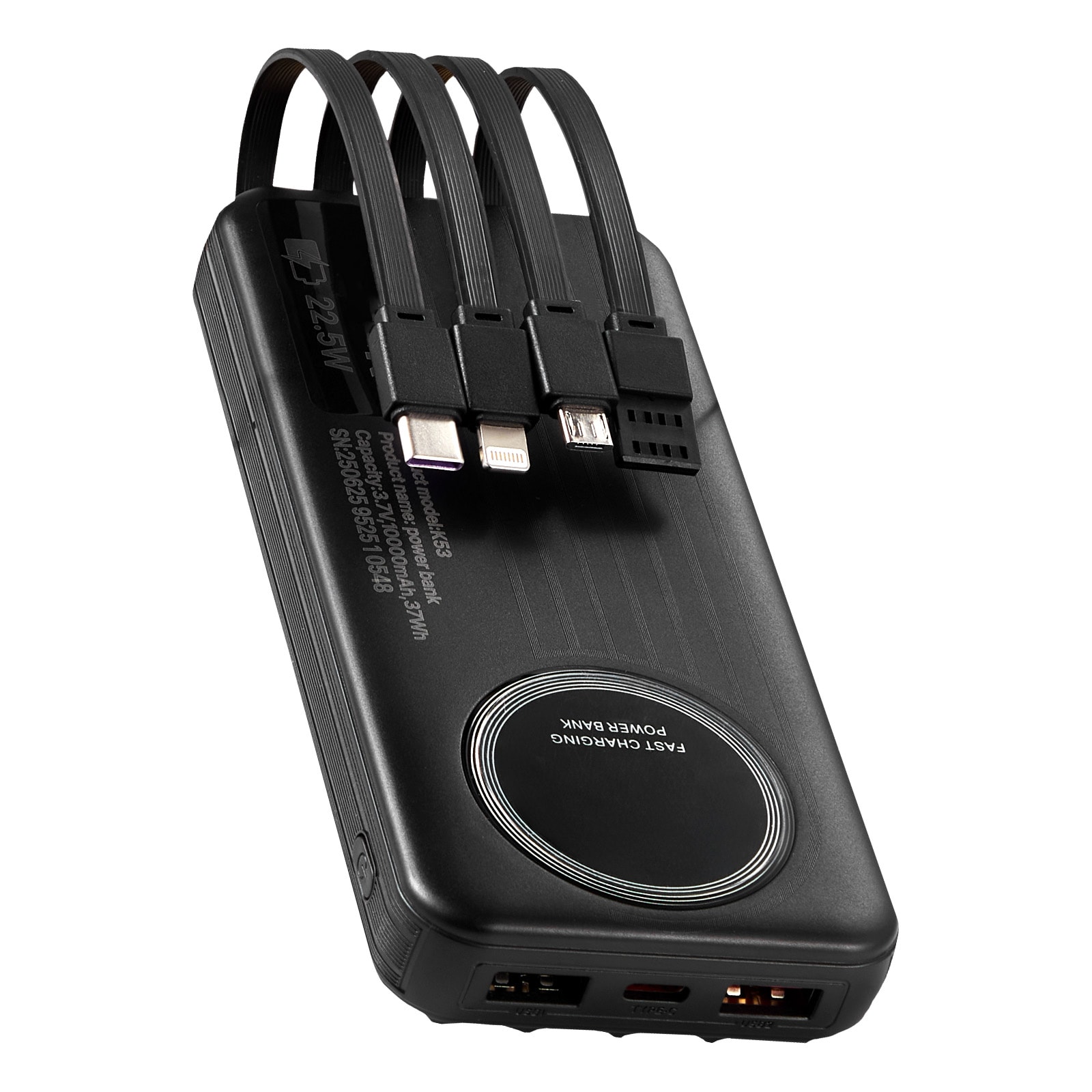 VEVOR Portable Charger with Built-in Cables 10000 mAh Travel Battery ...