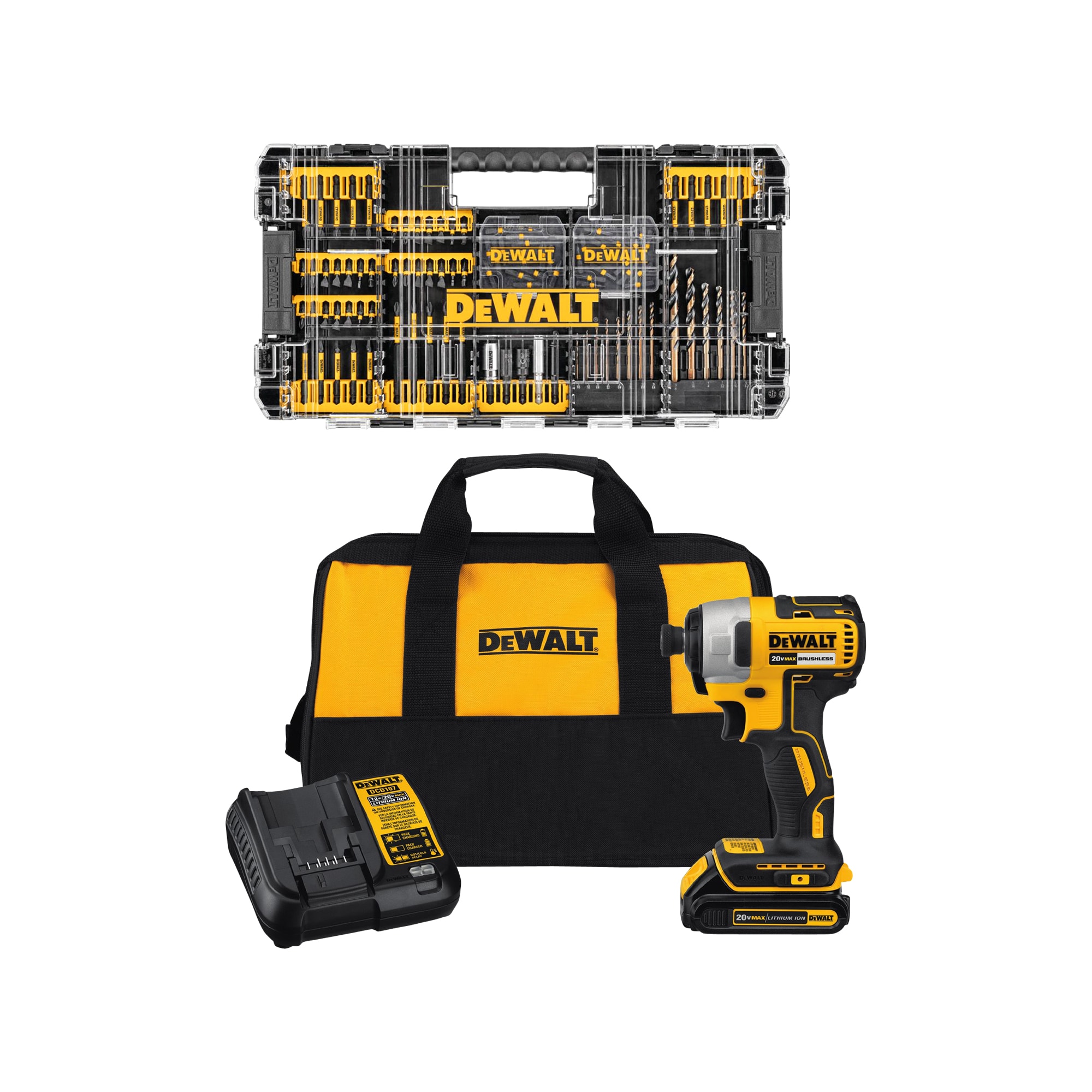 DEWALT FlexTorq 100-Piece Set Impact Driver Bit Set & 20-Volt Max 1/4-in Variable Speed Brushless Cordless Impact Driver (1-Battery Included)