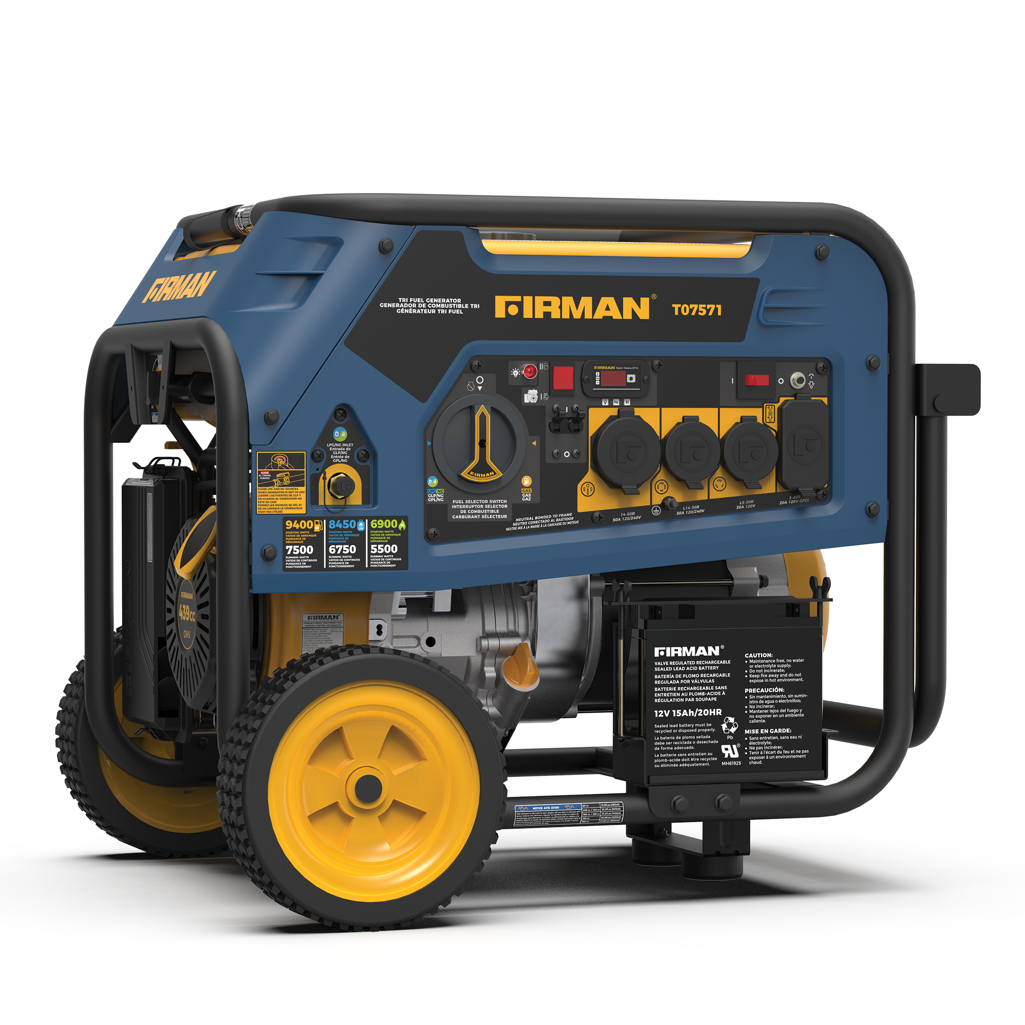 Firman T07571 T07571 Electric Start 120/240V with Power Cord 6900 / 7500 -Watt Tri fuel Portable Generator