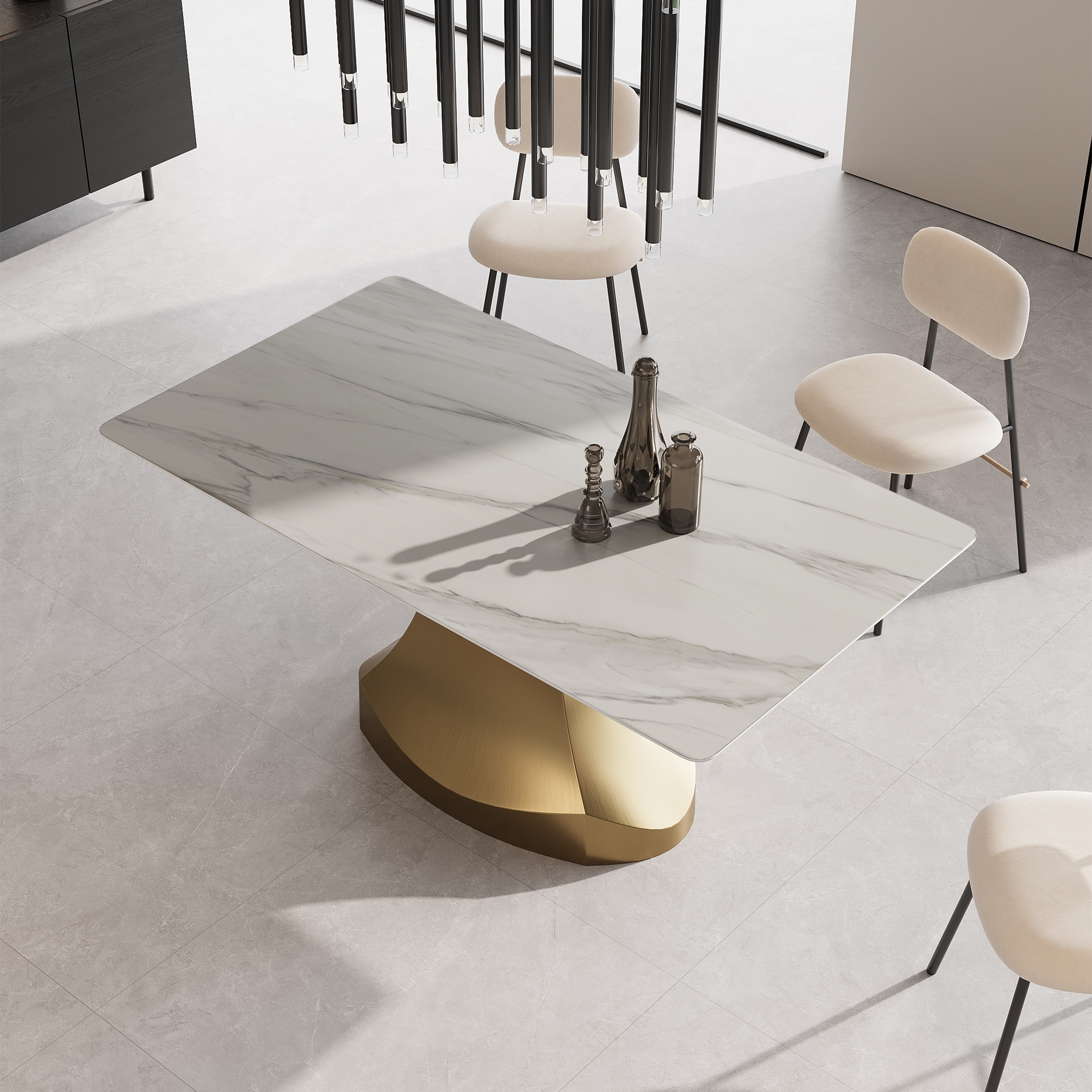  ZP3-B19-140XSS White Contemporary/Modern Marble Dining Table, with Gold Finish and Metal Pedestal Base 55.12-in L x 29.53-in H