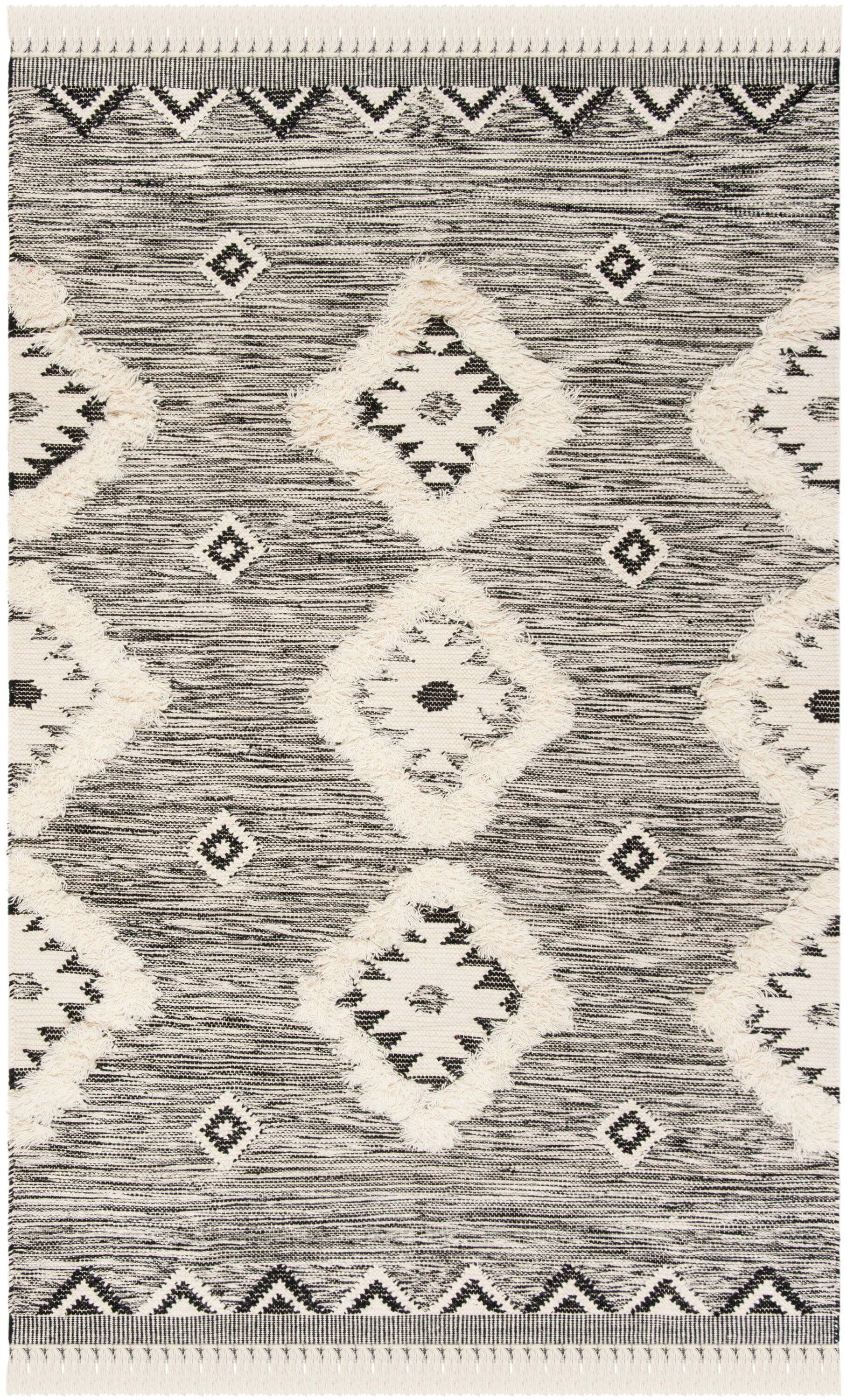 Black and Ivory Hand-Knotted Wool Geometric 6' x 9' Area Rug