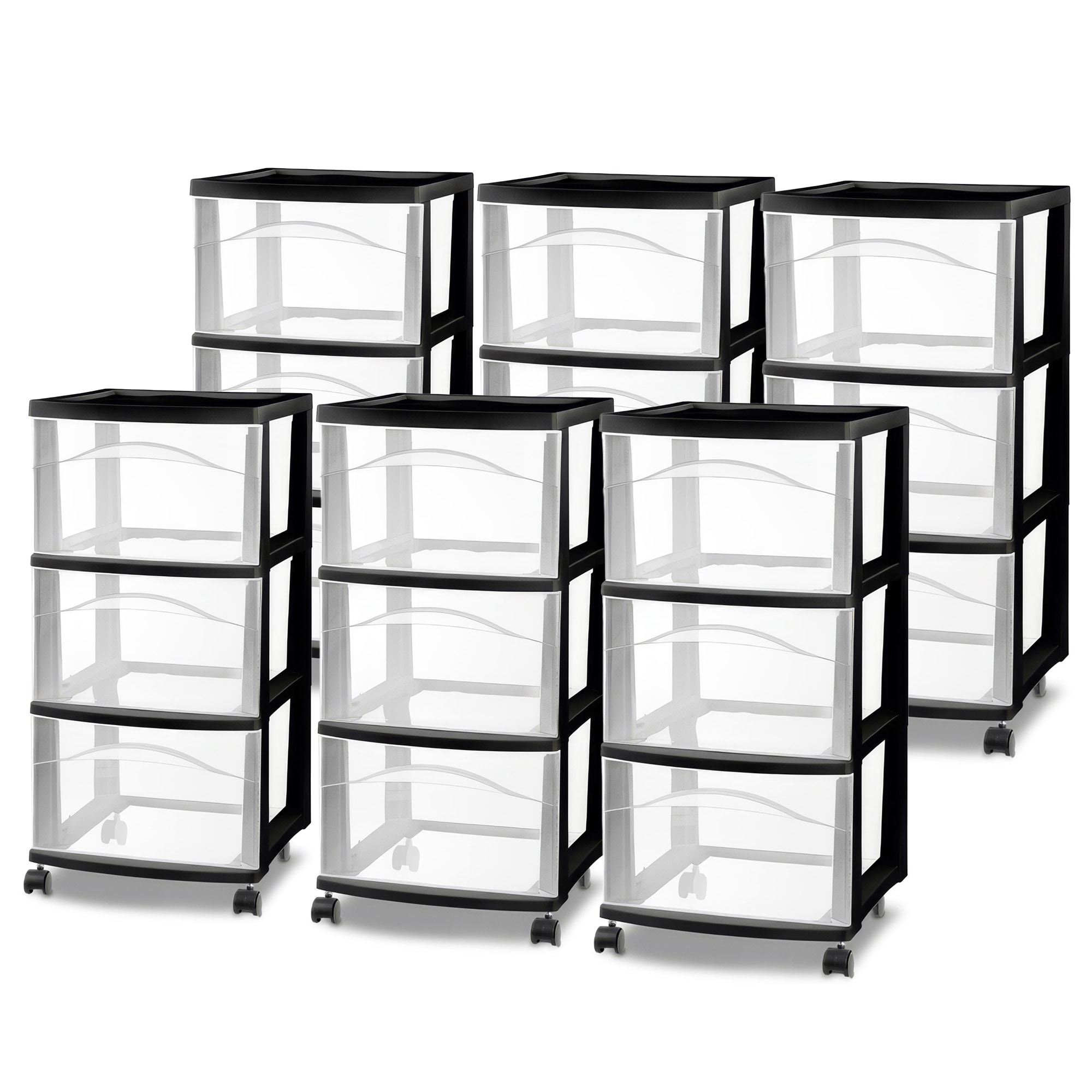 Sterilite  3 Drawer Storage Cart Plastic Rolling Medium Organizer Black 6 Pack