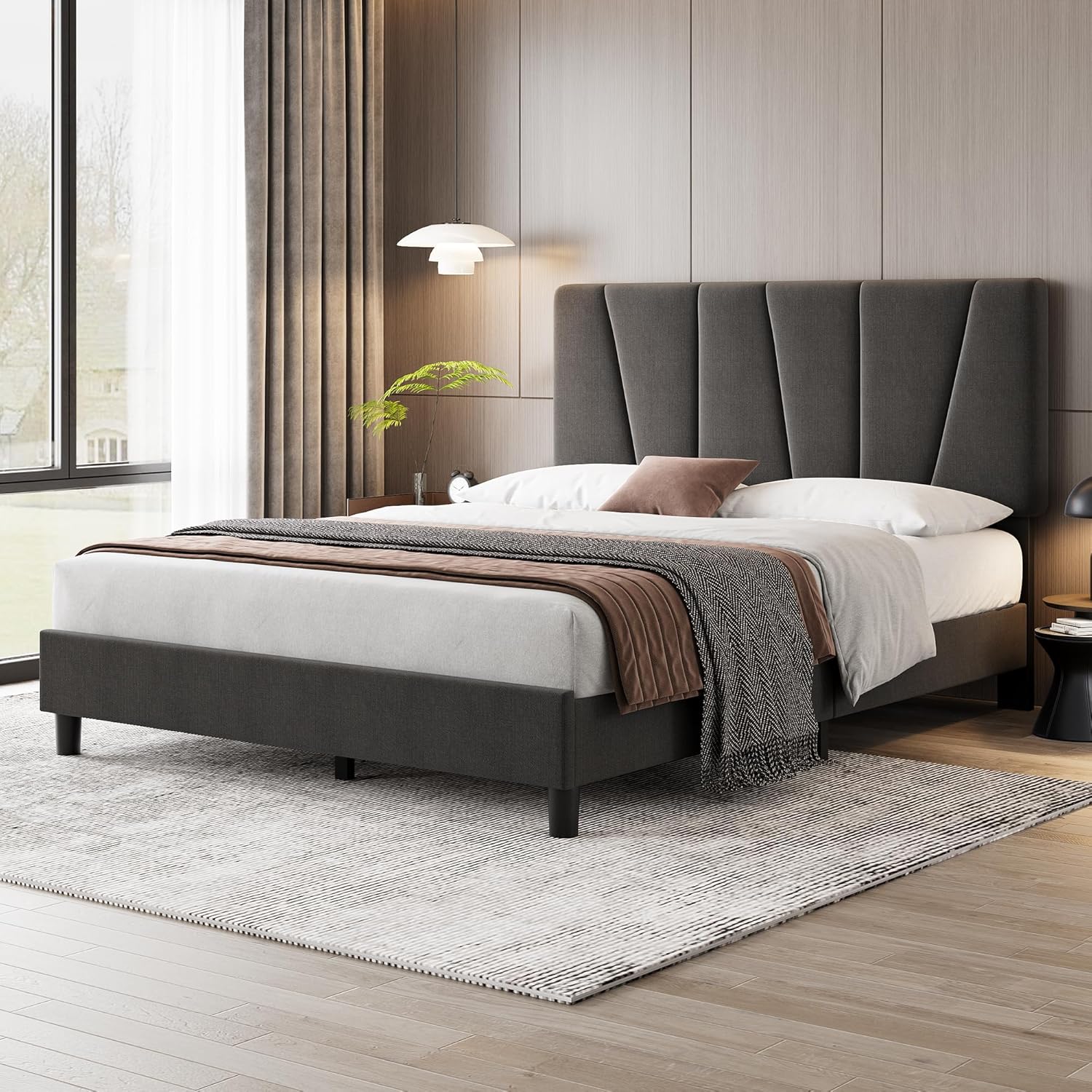 Qeetex LHF-BED-PHO-108YCC7J Full Bed Frame with Headboard Linen Upholstered Platform Bed with Adjustable Diagonal Channel Tufted Headboard Mattress Foundation with Strong Wooden Slats Box Spring Optional Grey