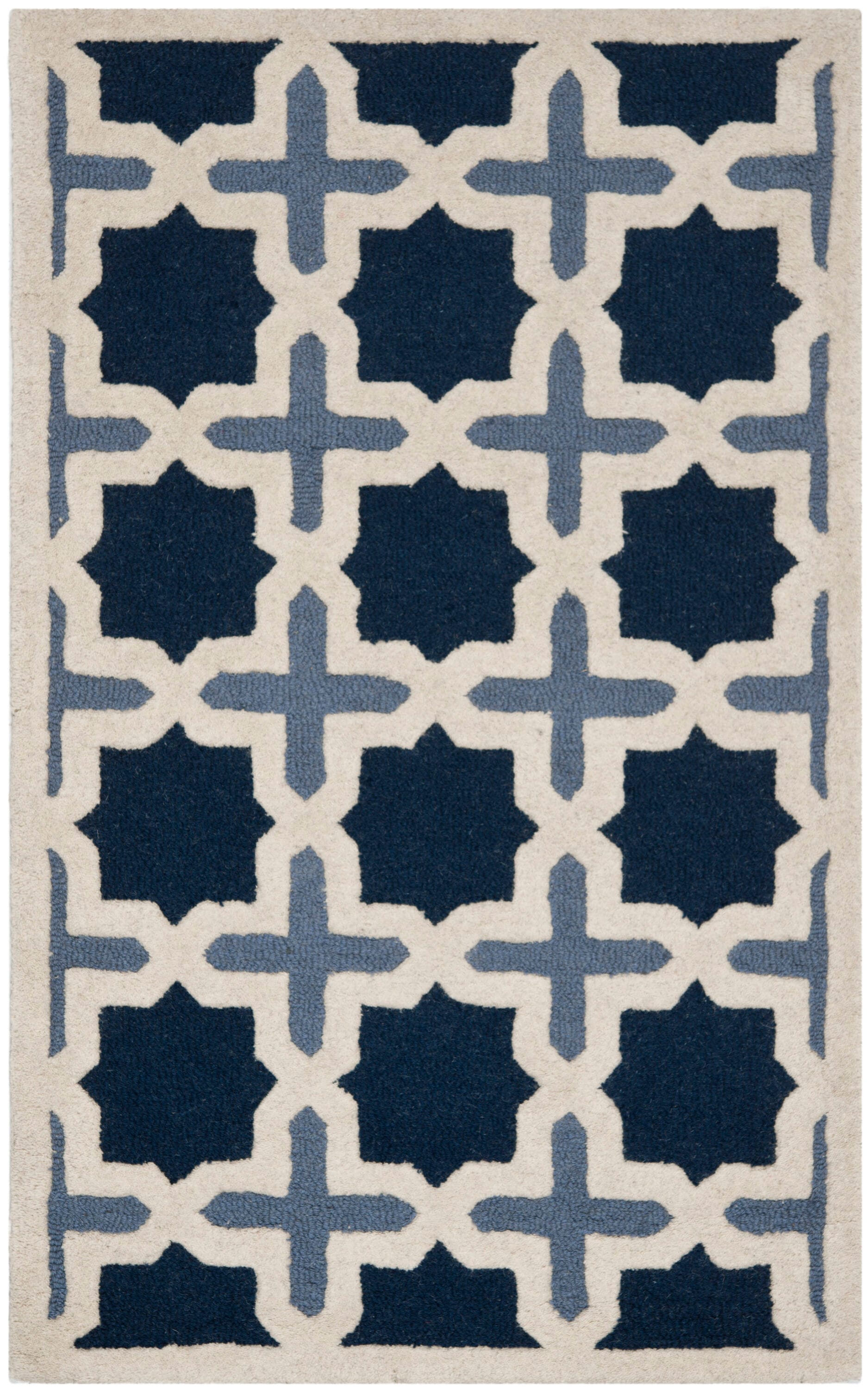 Blue and Ivory Geometric Tufted Wool Area Rug, 3' x 5'